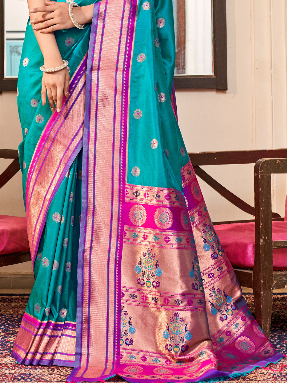 Turquoise Blue Woven Soft Silk Paithani Saree