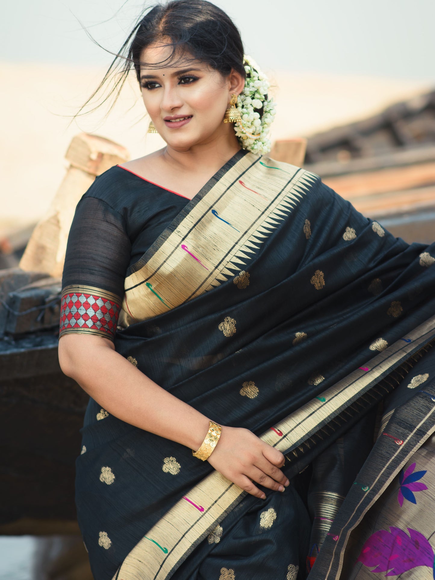 Jet Black Tussar Silk Paithani Saree