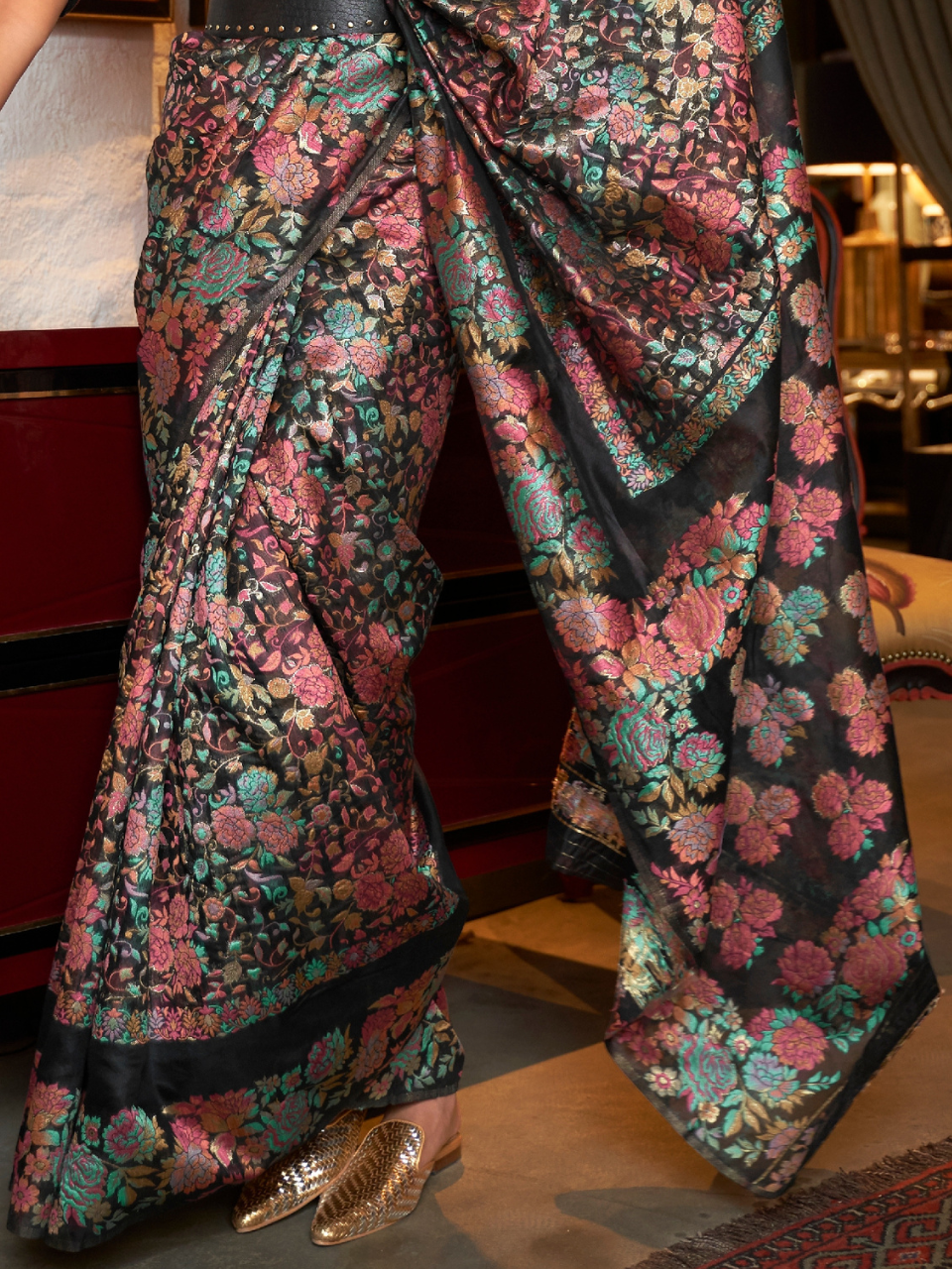 Ink Black Woven Kashmiri Silk Saree