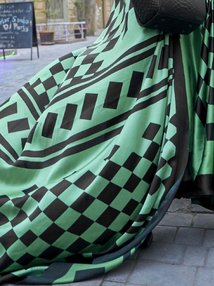 Jade Green Satin Crepe Print Saree