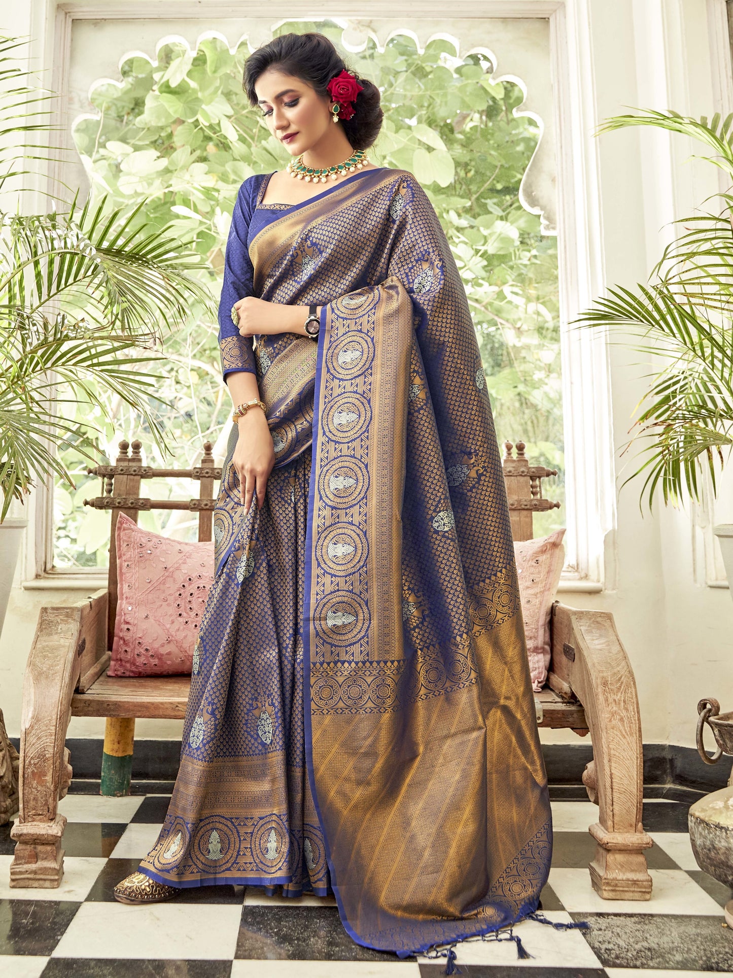 Golden Blue Kanjivaram Saree