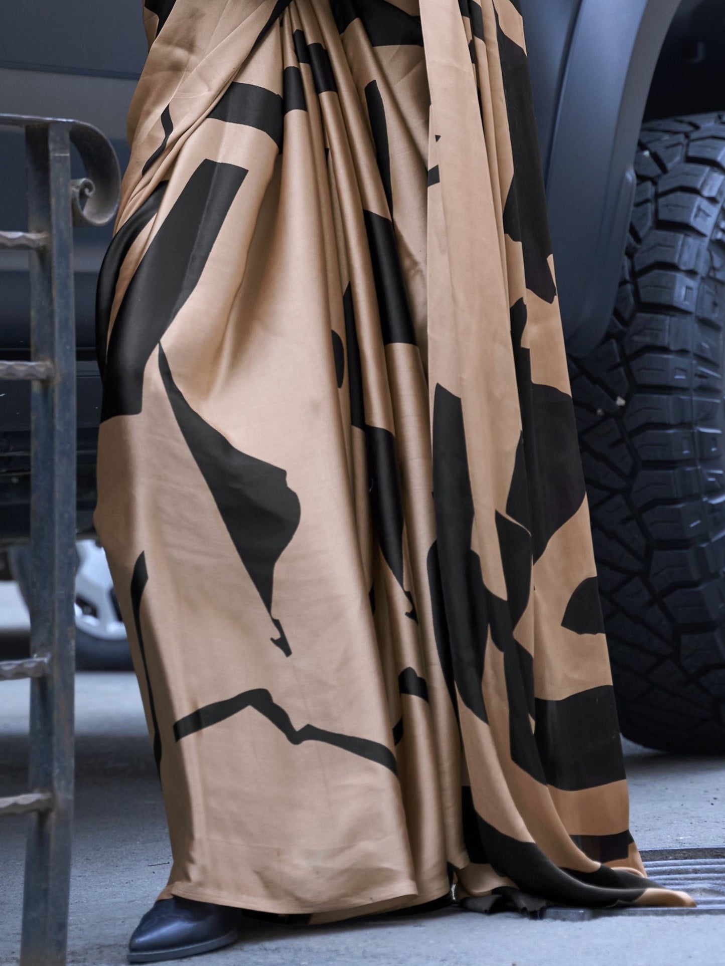 Camel Brown Satin Crepe Print Saree