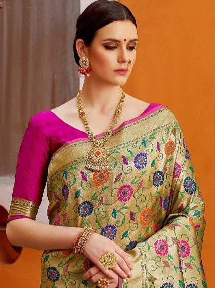 Beige Gold Pink Paithani Saree