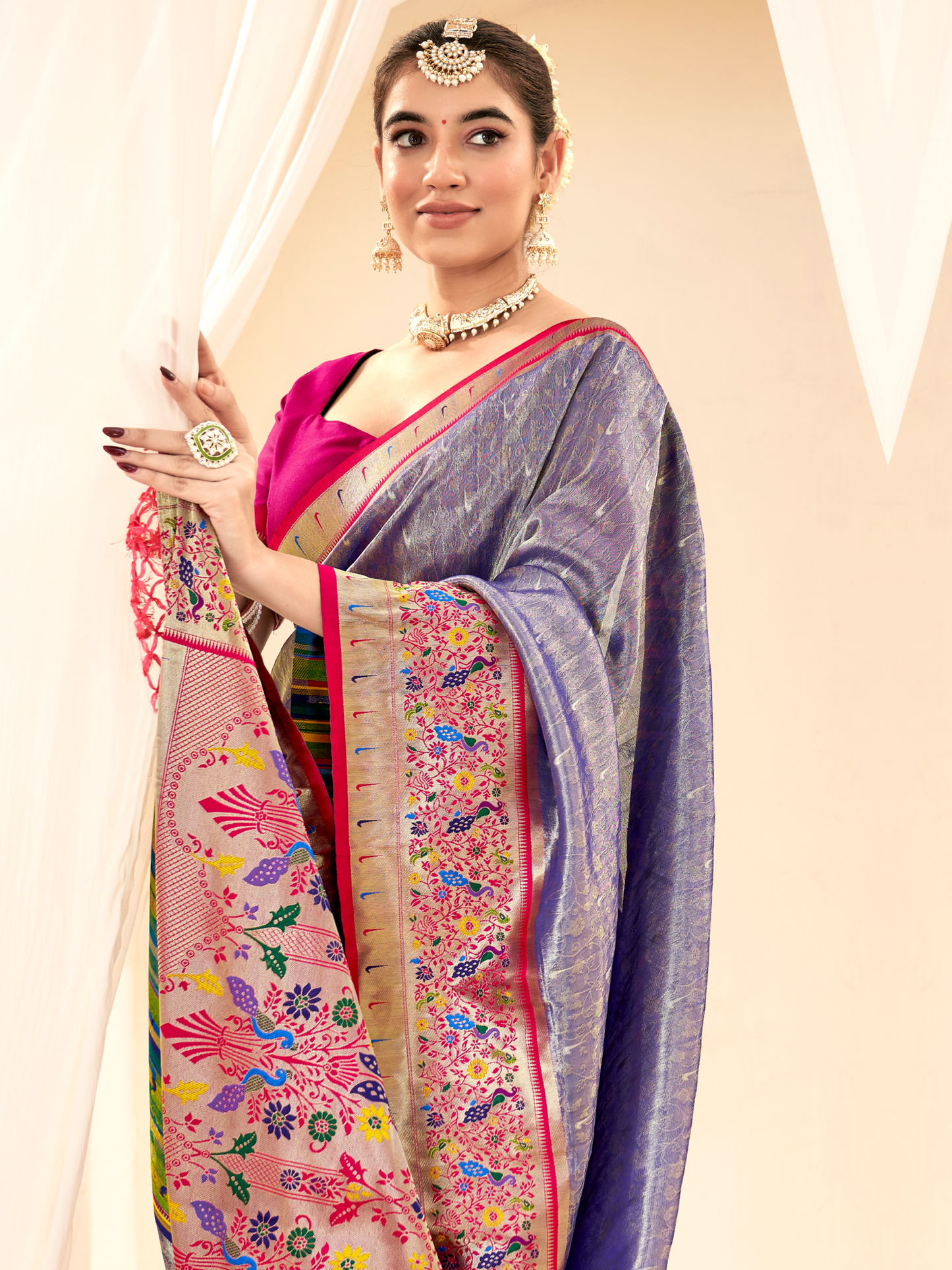 Shining Blue Woven Paithani Tissue Silk Saree