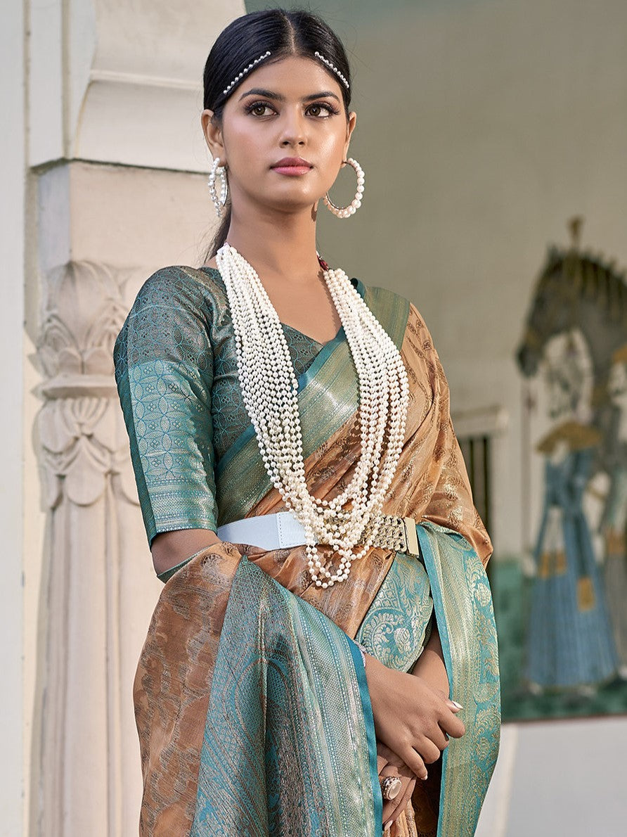 Sandy Brown Tissue Silk Saree