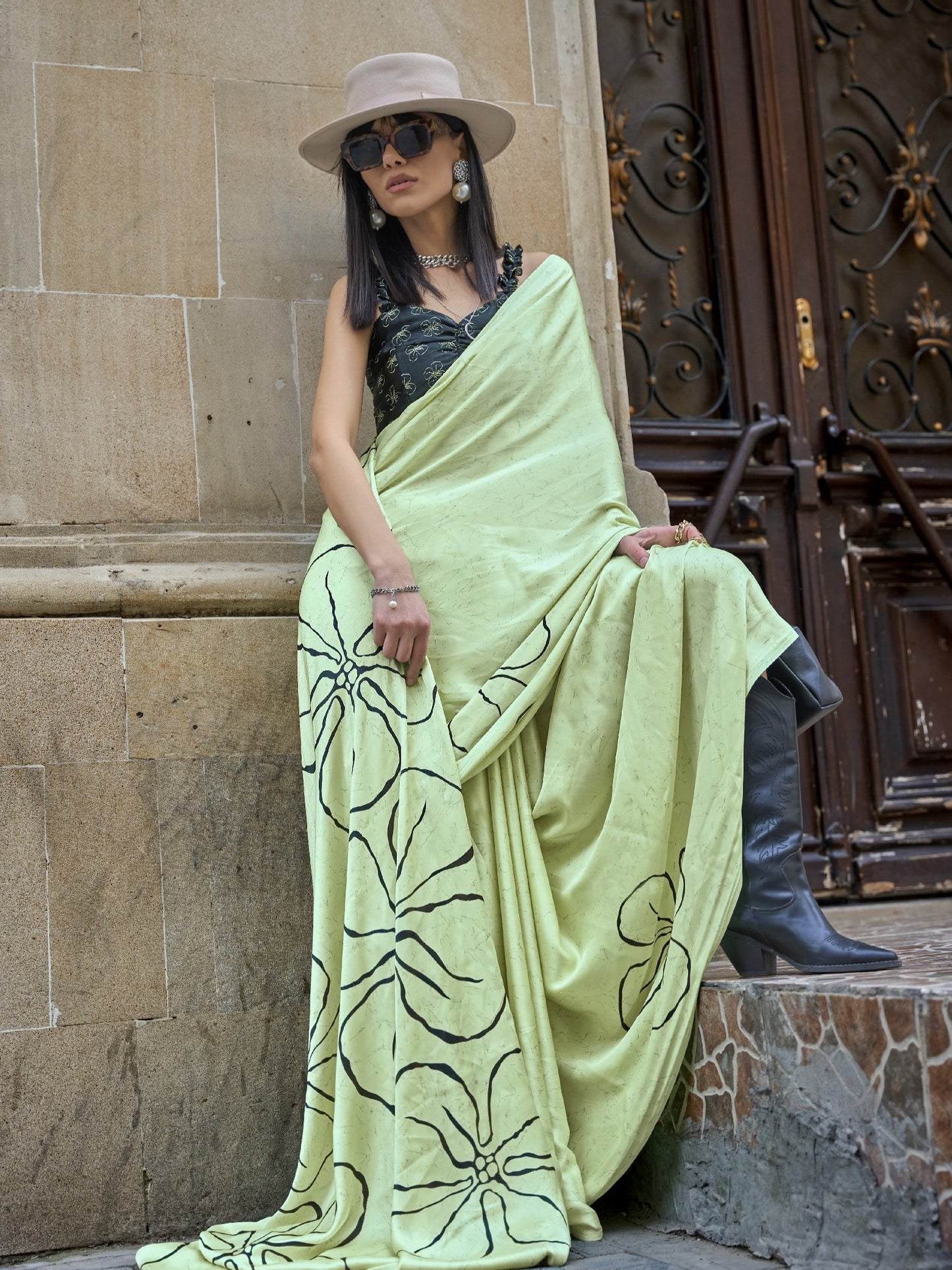 Antique Pista Satin Crepe Print Saree
