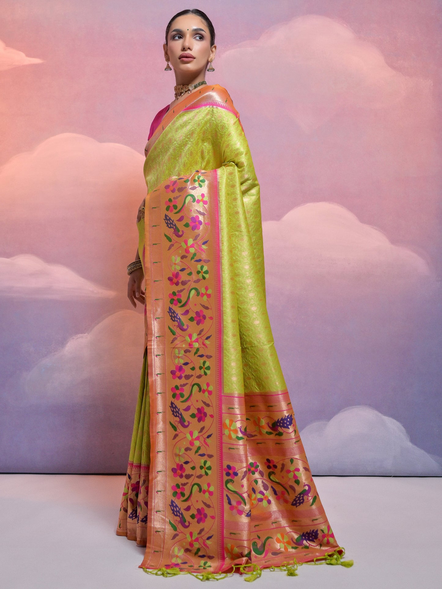 Lime Green Woven Paithani Silk Saree