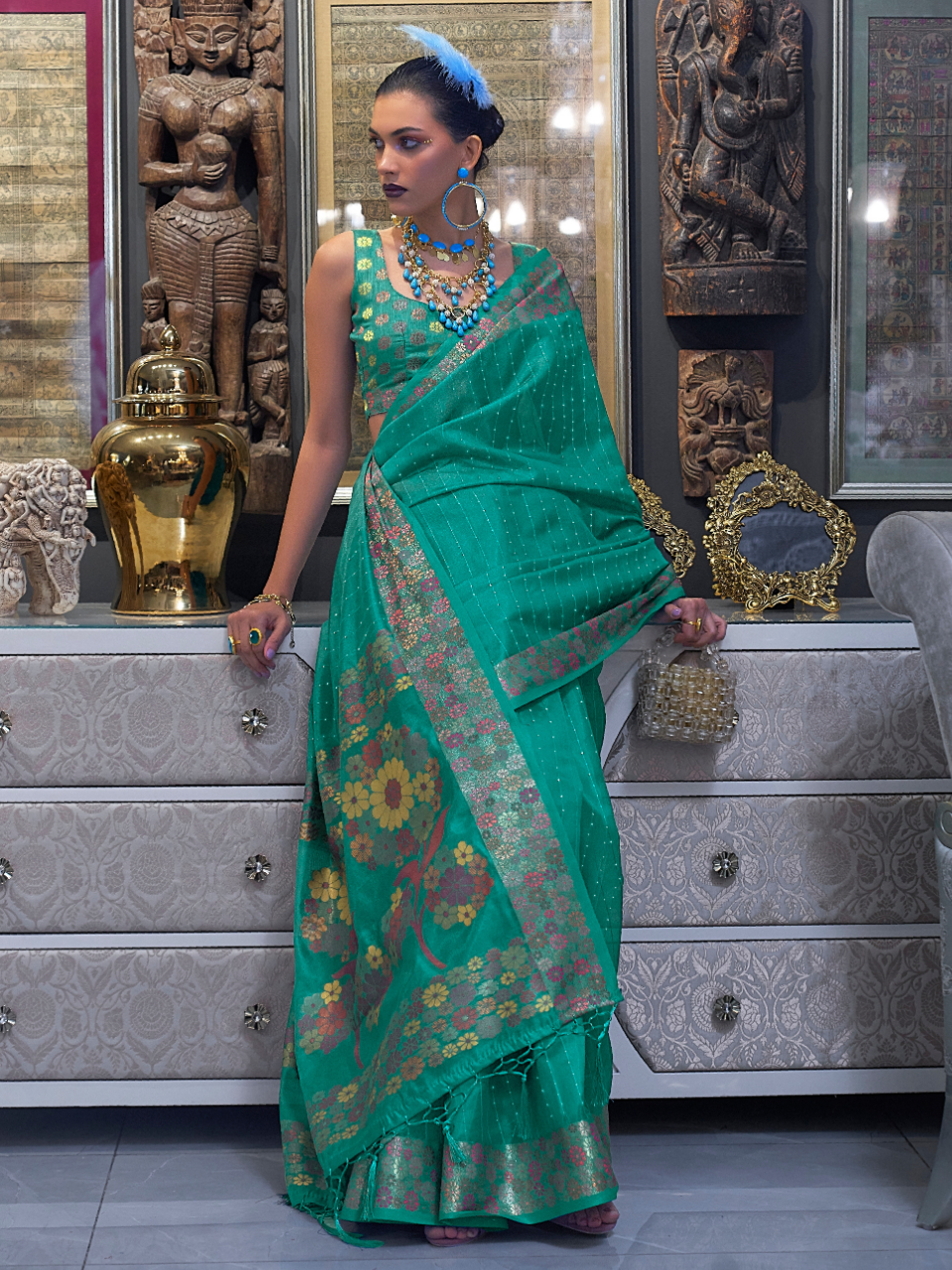 teal organza saree