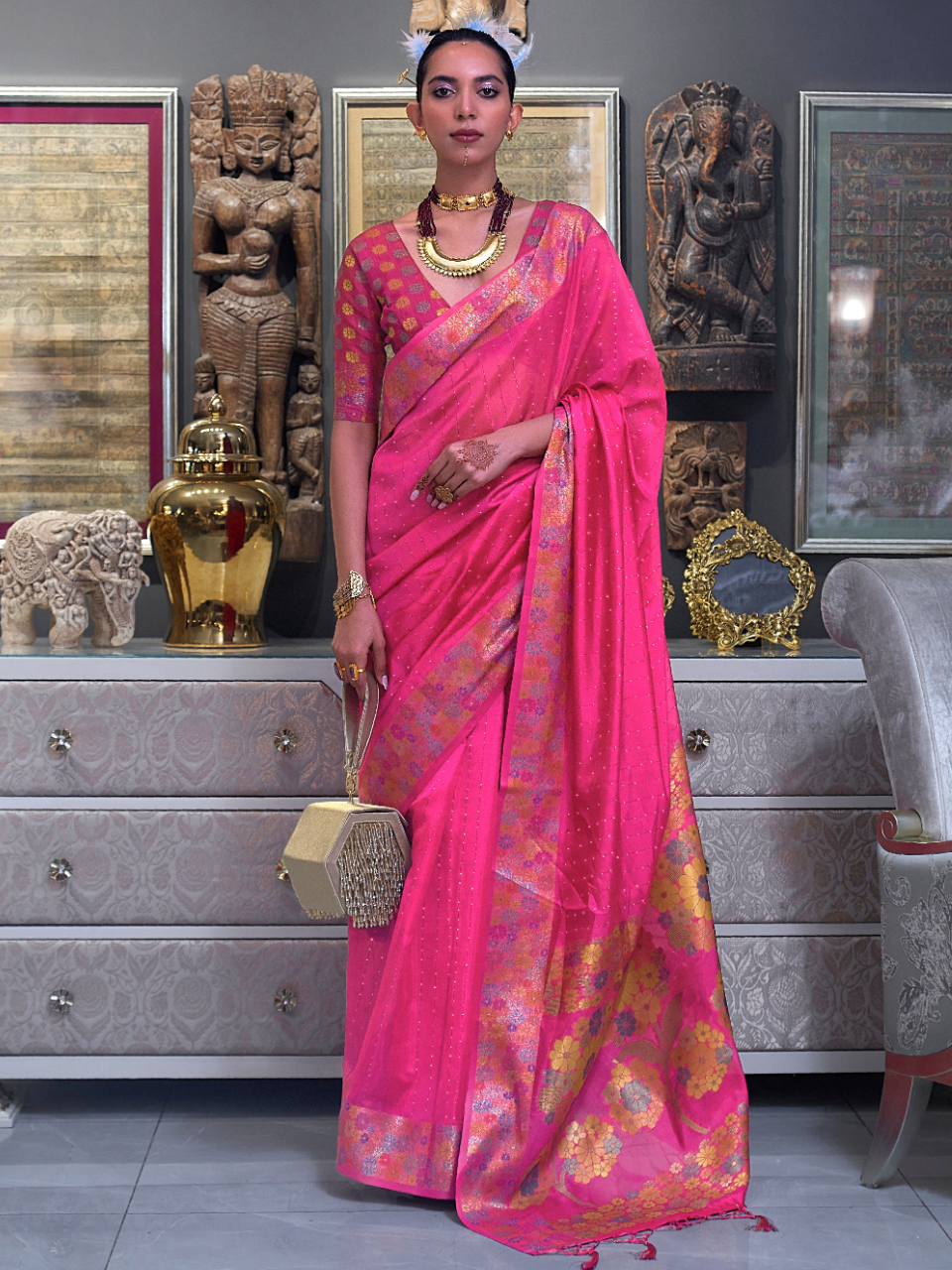 Bubblegum Pink Woven Organza Silk Saree