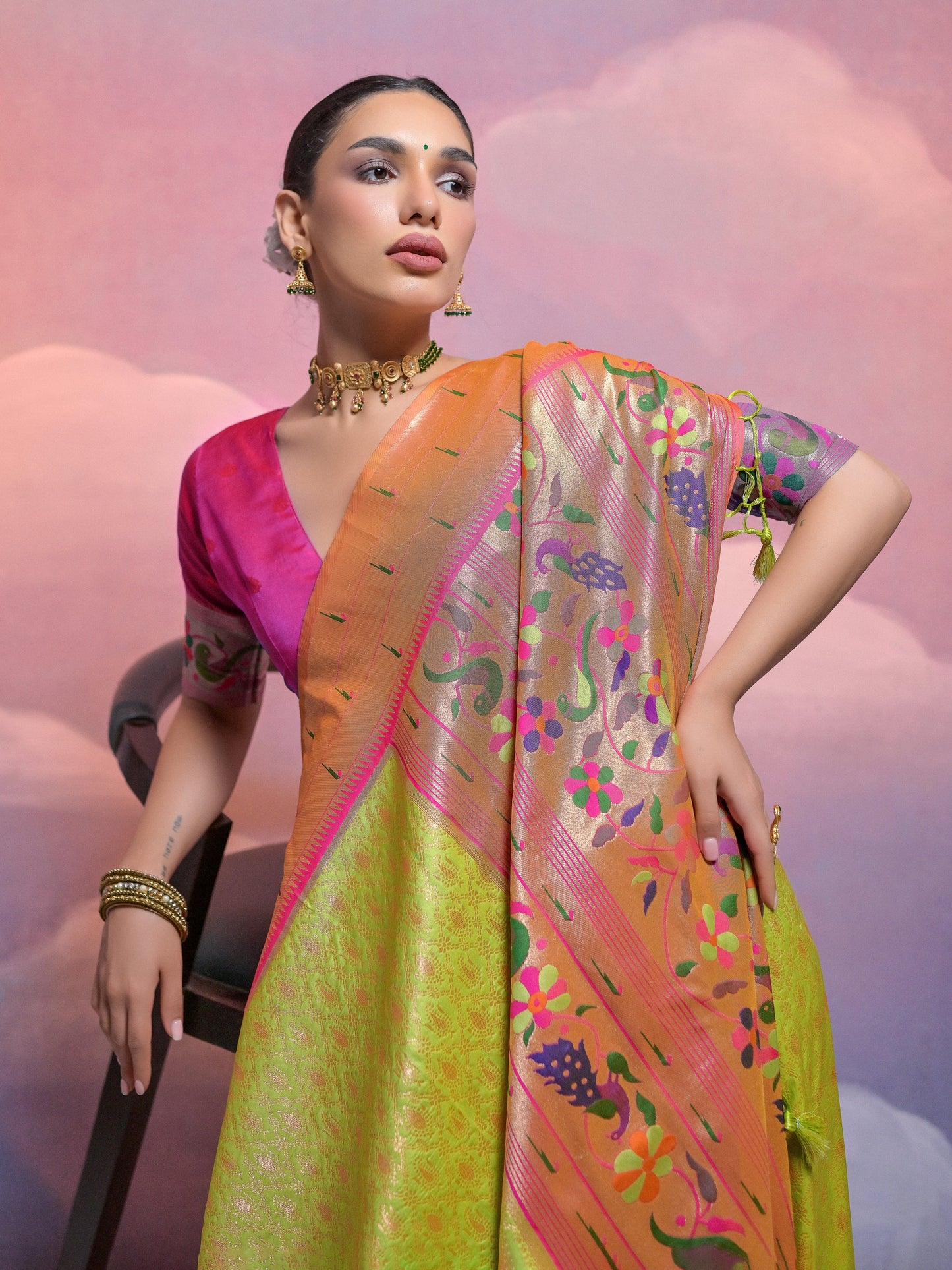 Lime Green Woven Paithani Silk Saree