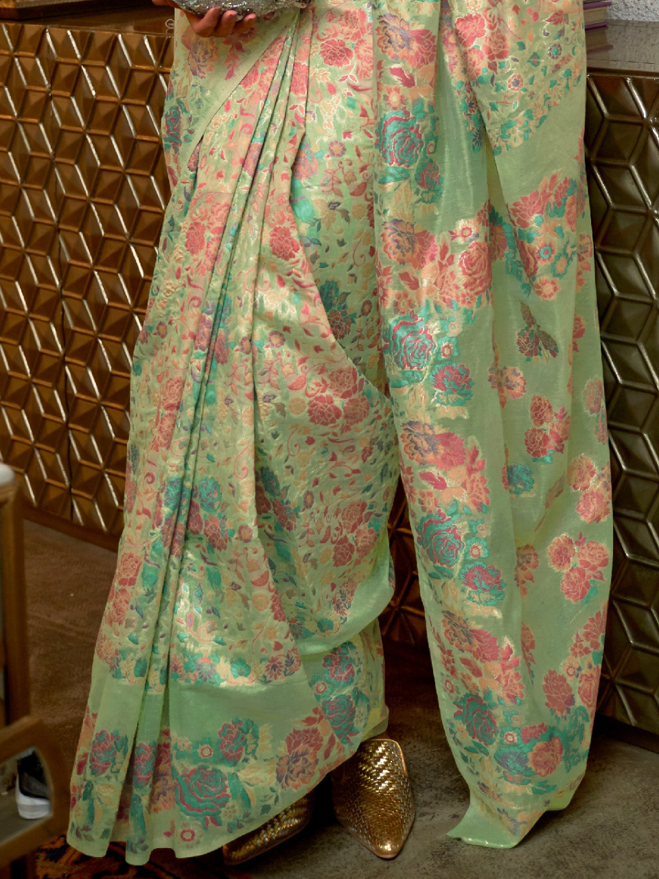 Mint Green Woven Kashmiri Silk Saree