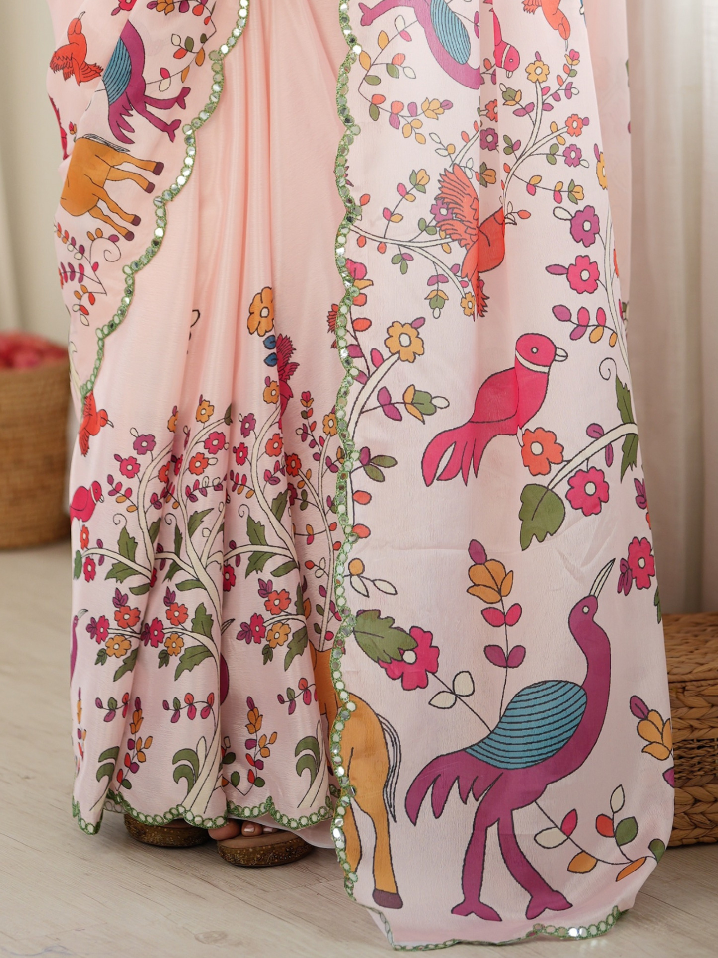 Powder Pink Printed Chiffon Silk Saree