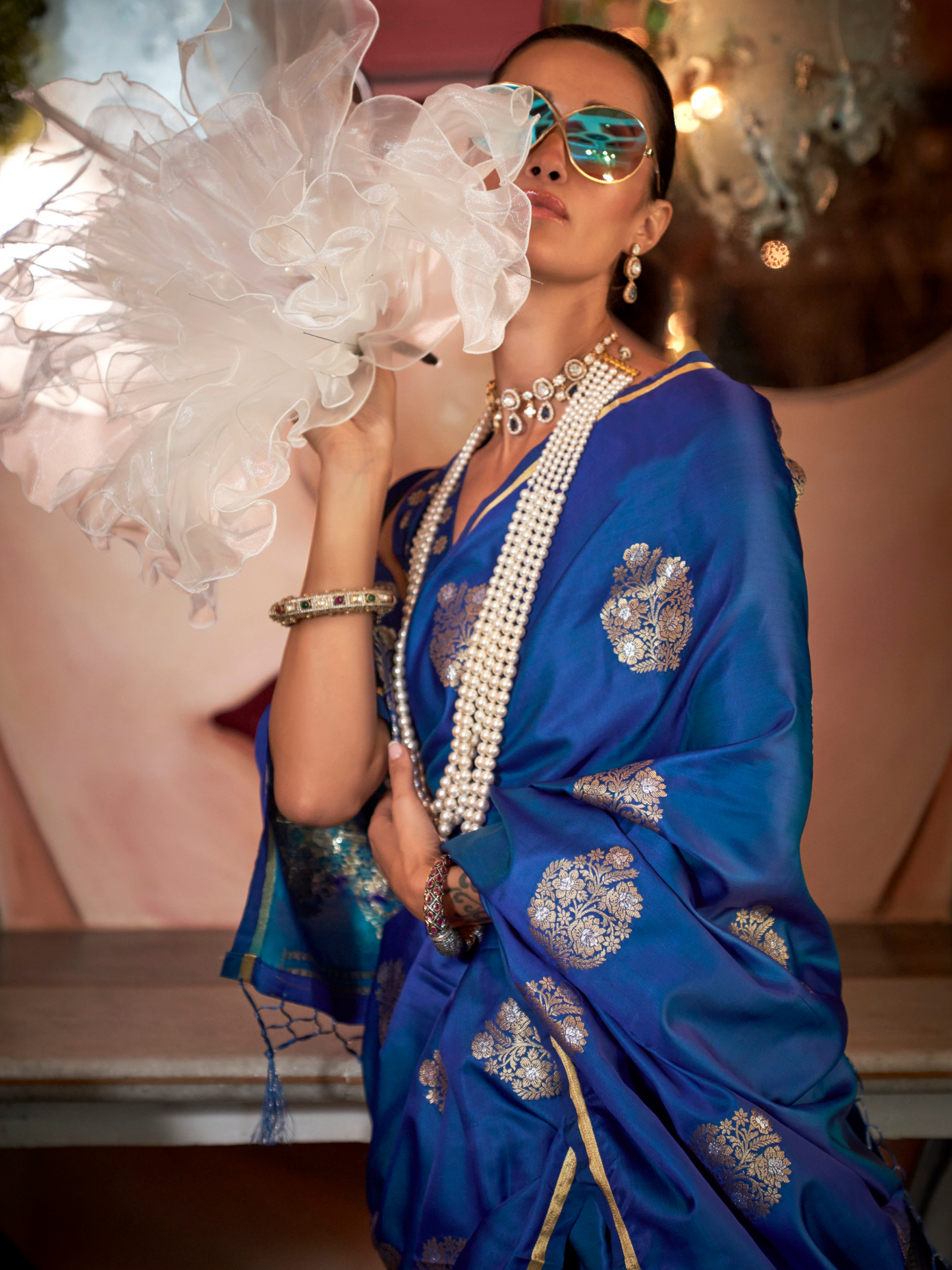 Cobalt Blue Woven Satin Silk Banarasi Saree