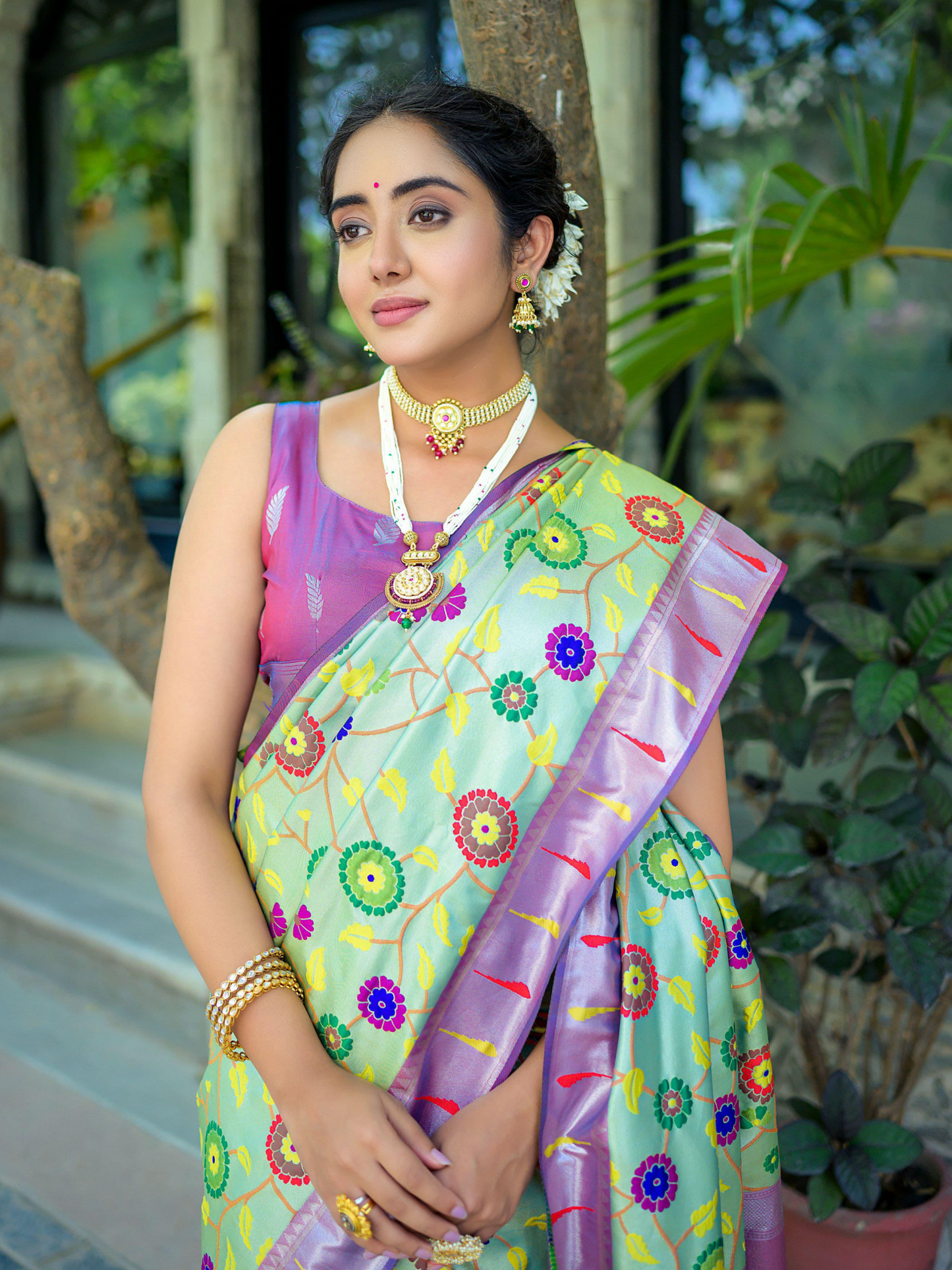 Pistachio Green Woven Jacquard Paithani Silk Saree