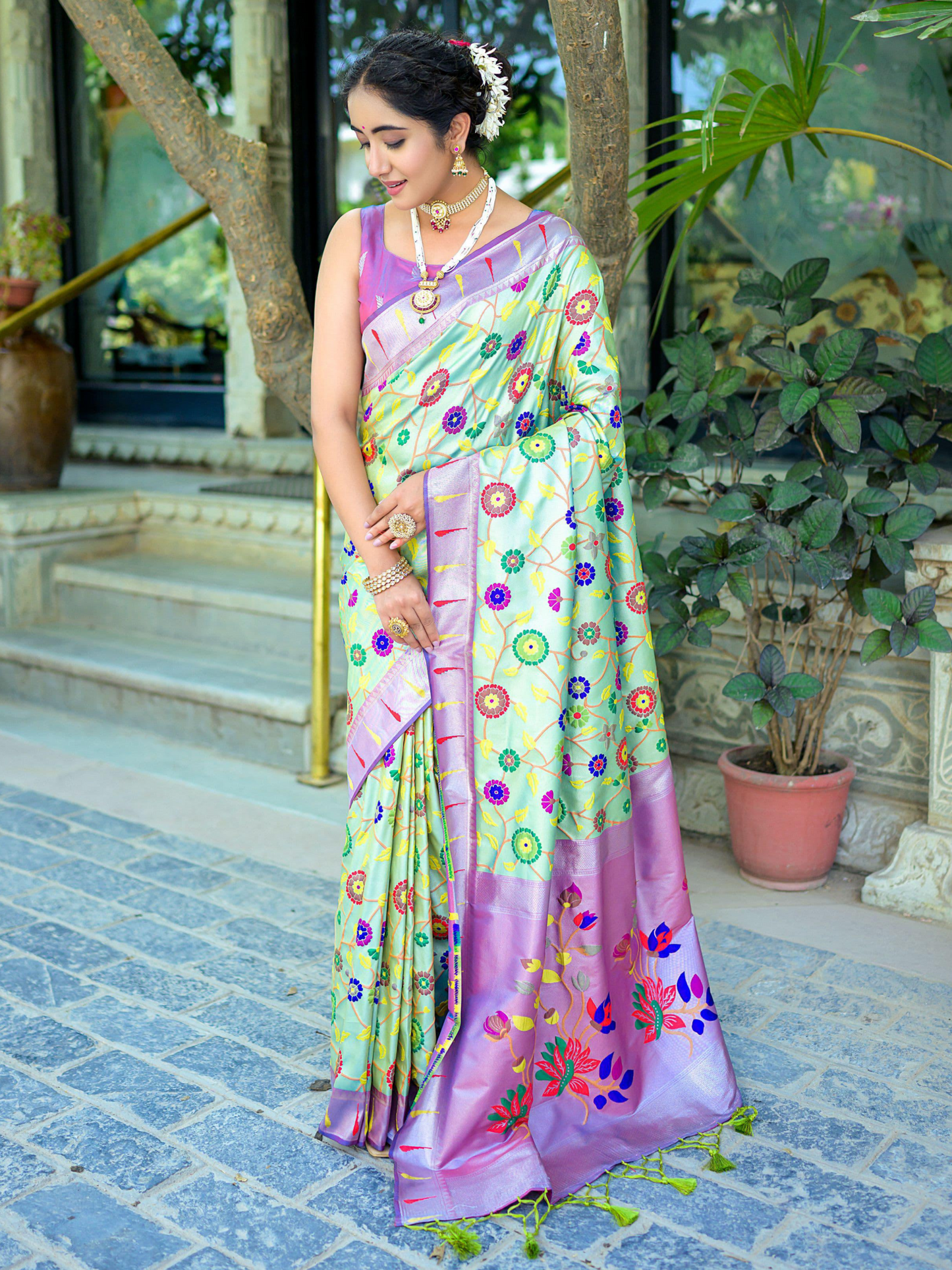 Pistachio Green Woven Jacquard Paithani Silk Saree