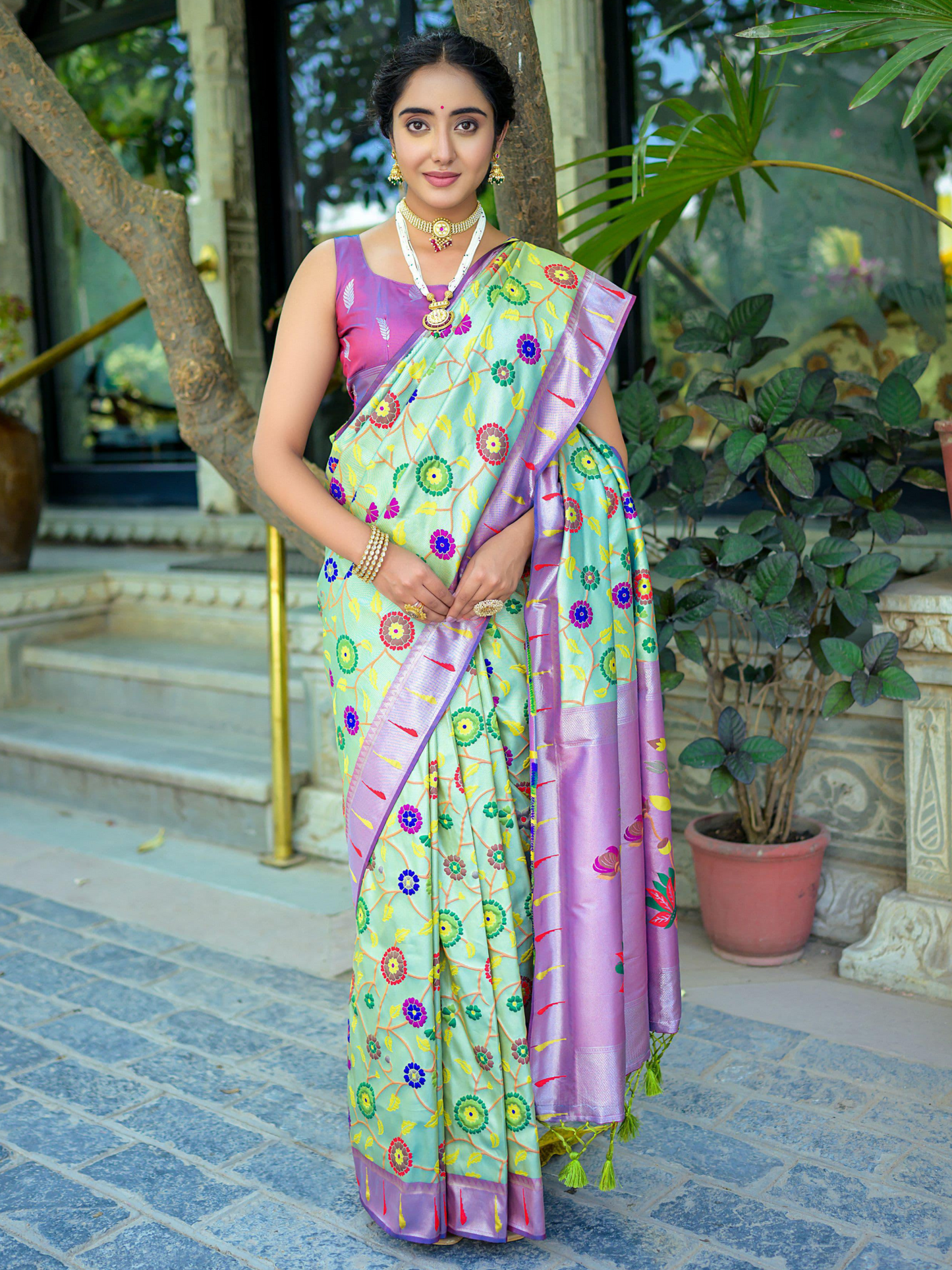 Pistachio Green Woven Jacquard Paithani Silk Saree
