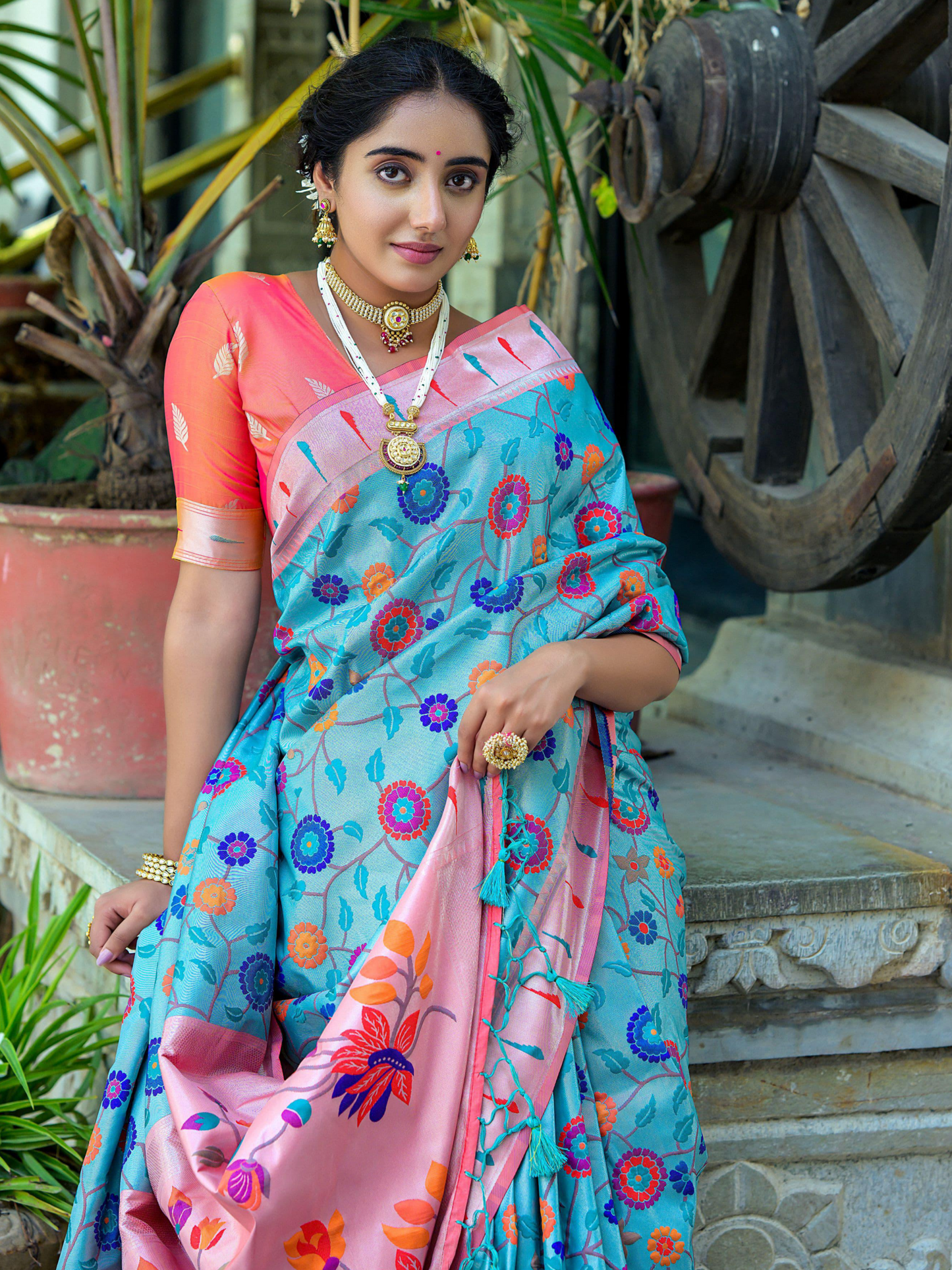 Light Blue Woven Jacquard Paithani Silk Saree