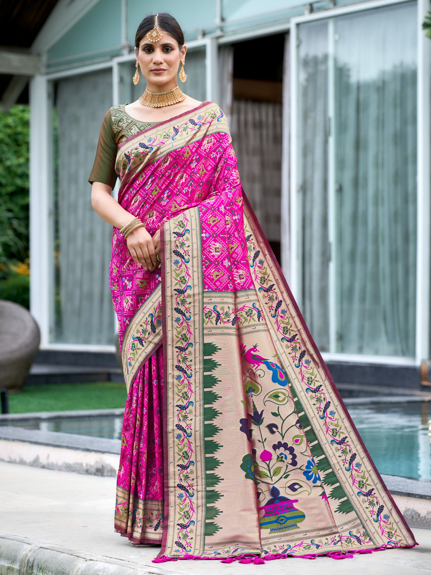 Raspberry Pink Woven Patola Paithani Silk Saree