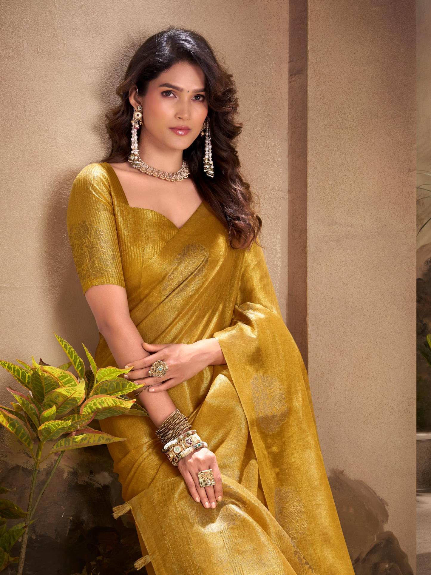 Golden Yellow Woven Tissue Silk Saree