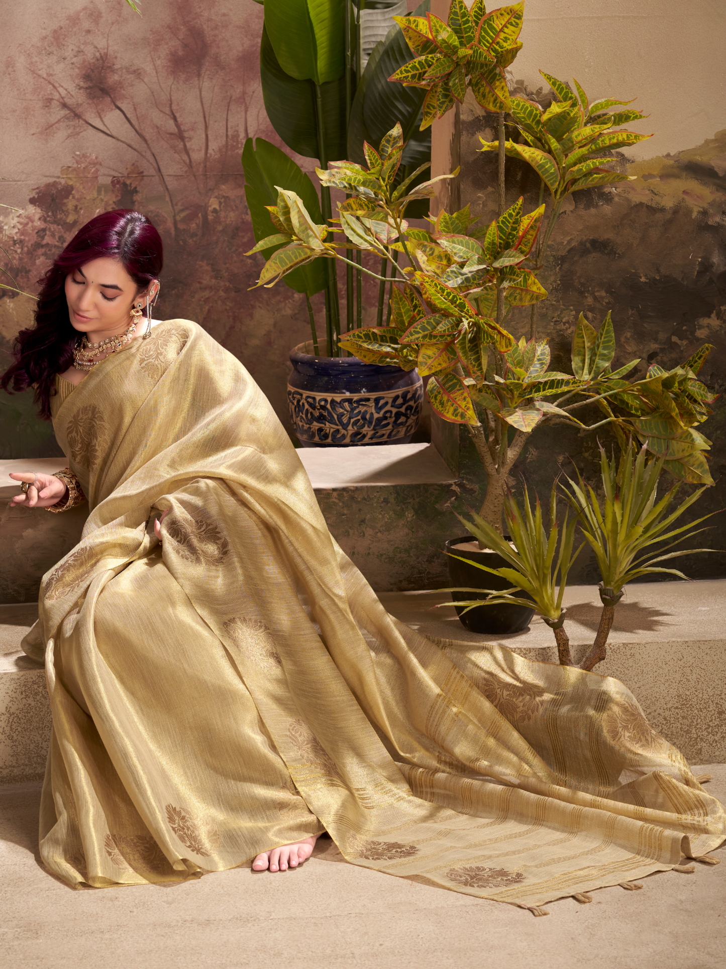Bisque Beige Woven tissue Silk Saree