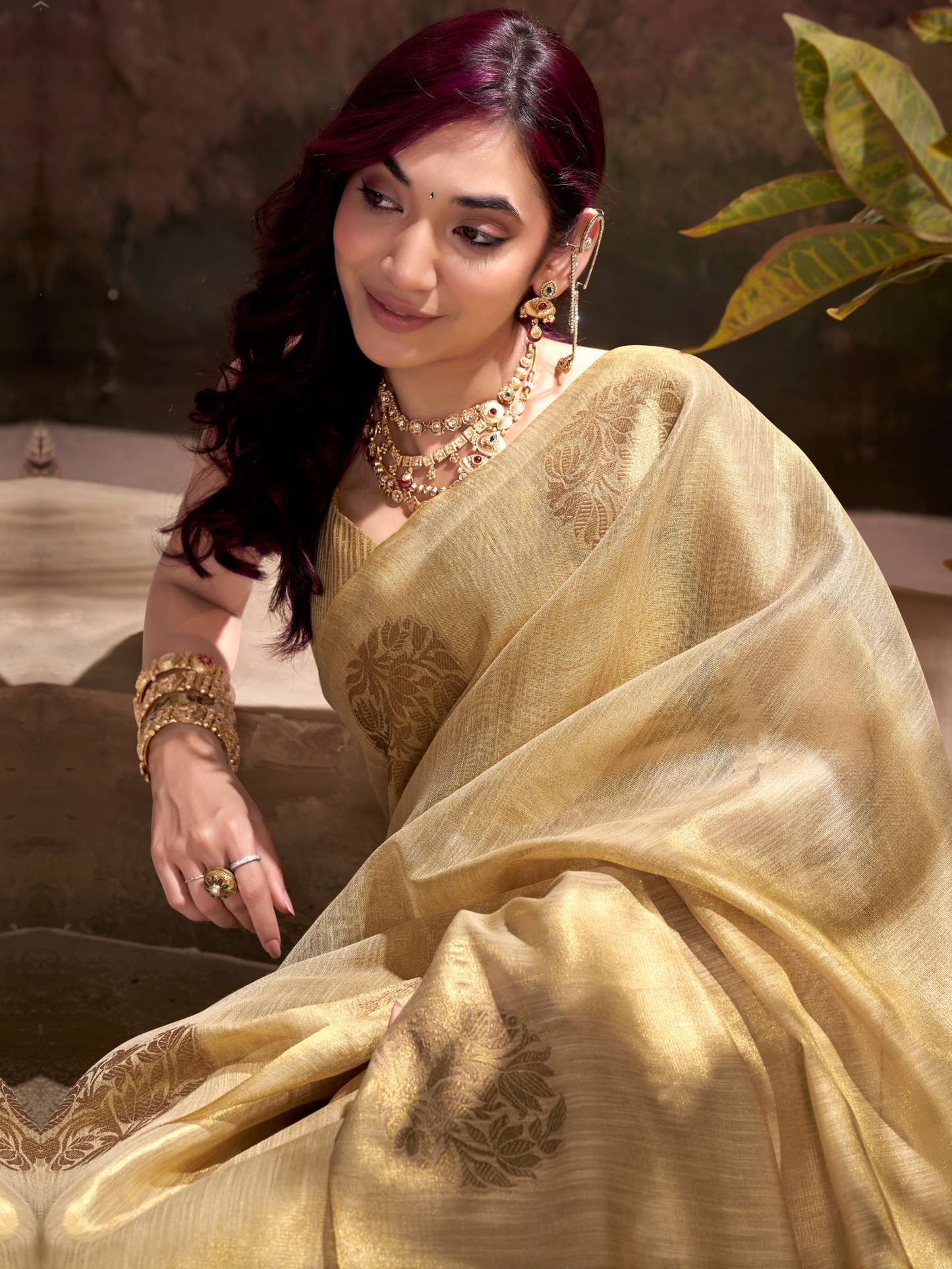 Bisque Beige Woven tissue Silk Saree