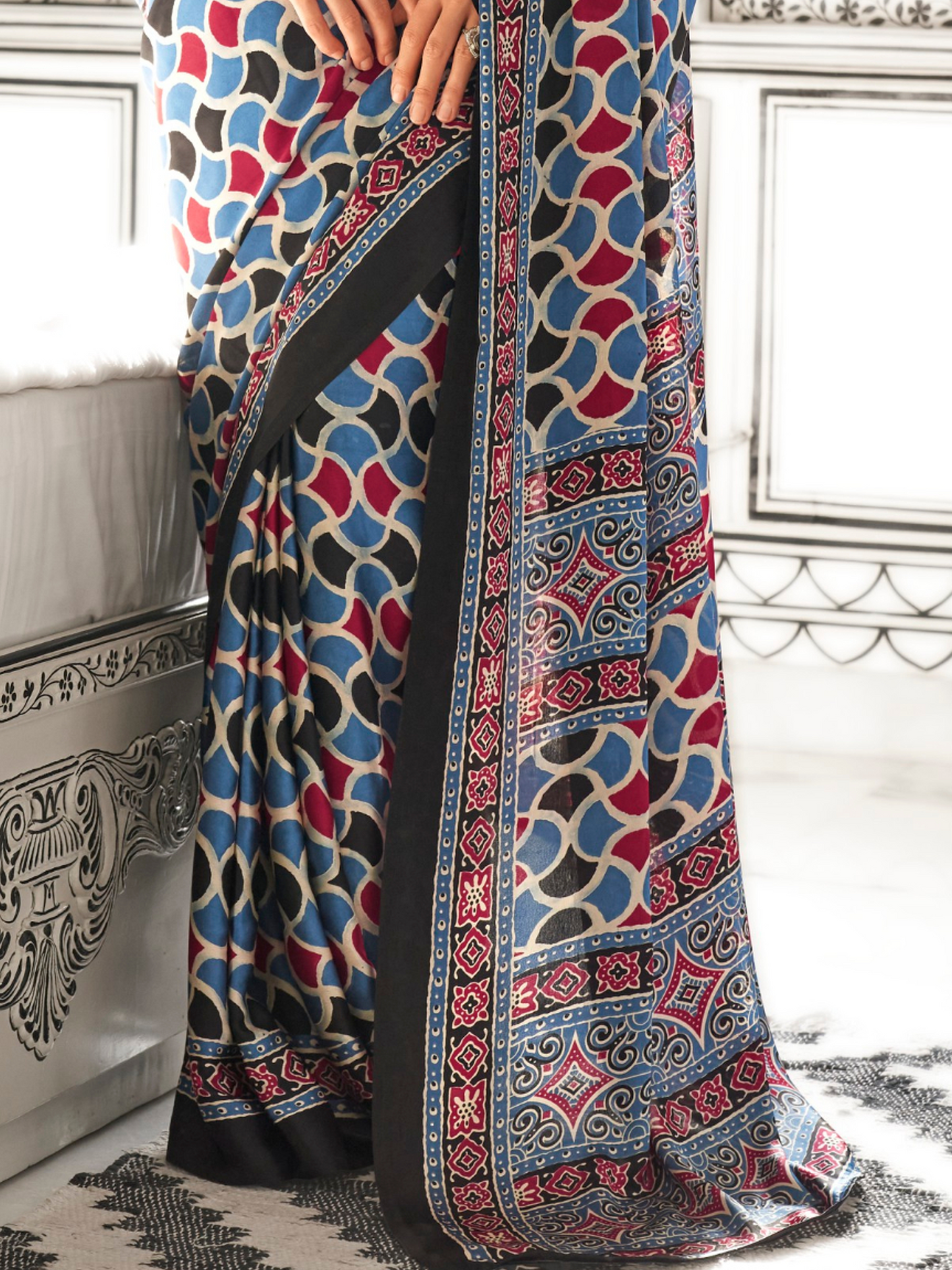 Black & White Satin Crepe Ajrakh Print Saree