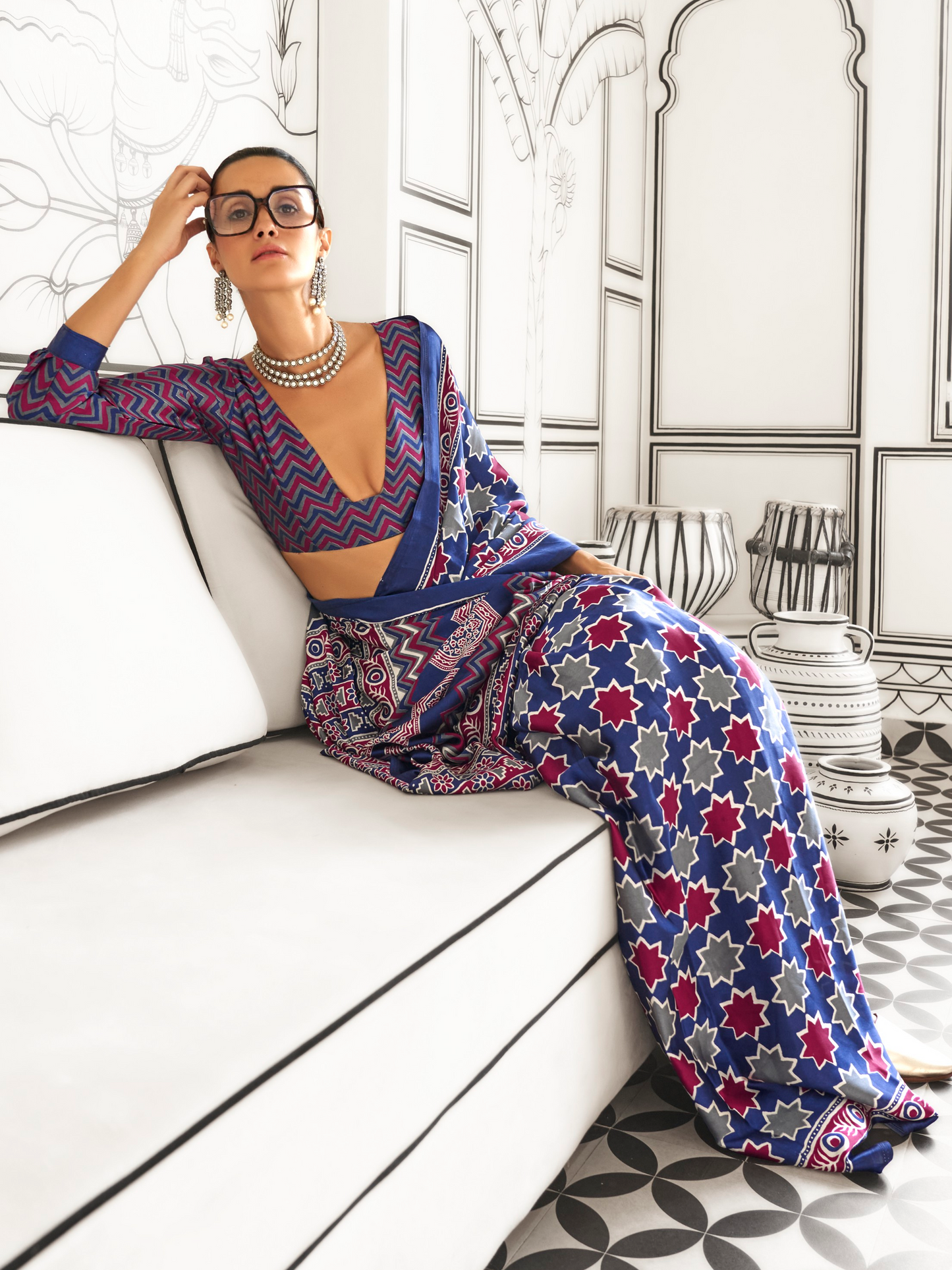 Blue & Pink Satin Crepe Ajrakh Print Saree