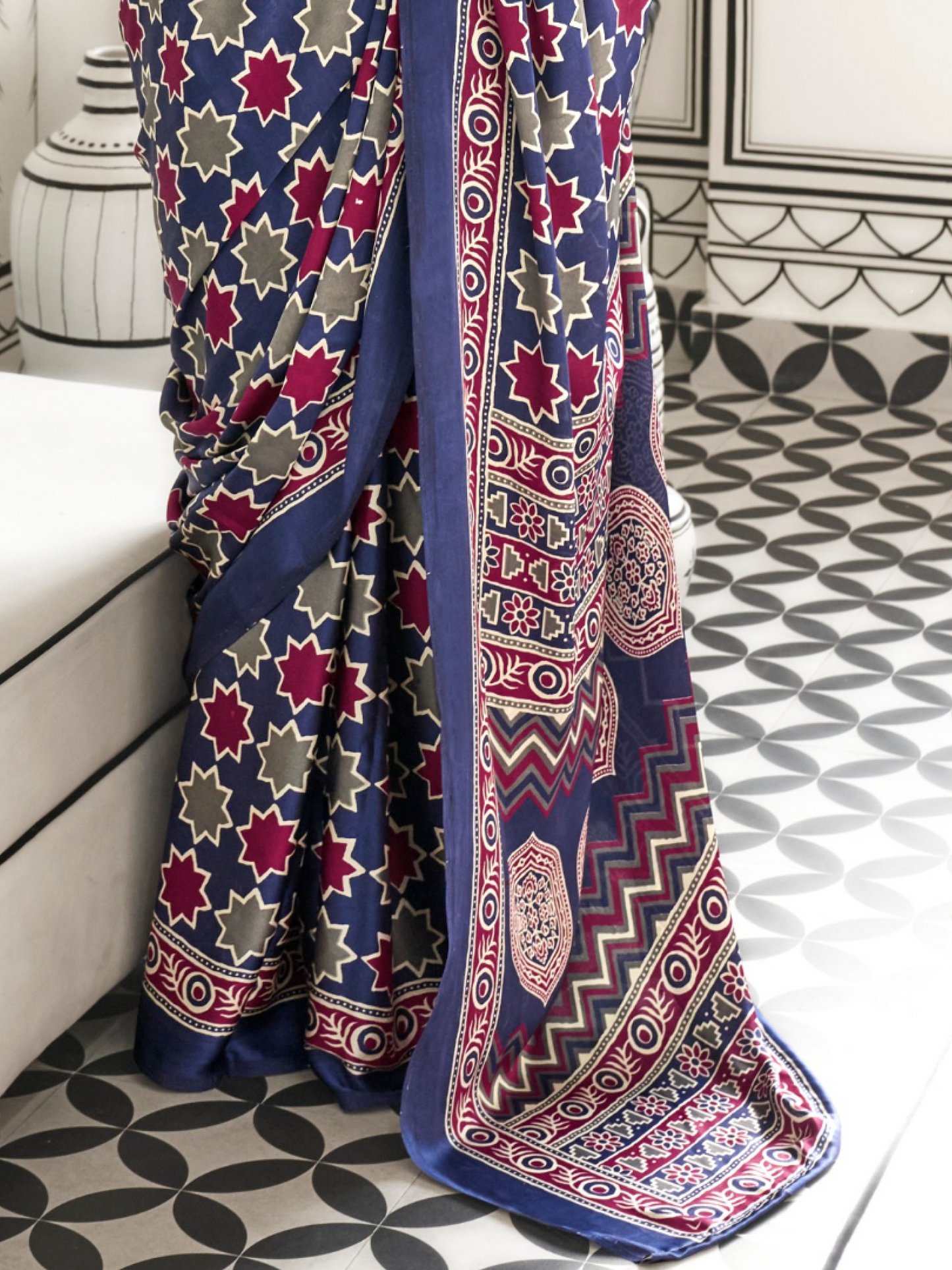 Blue & Pink Satin Crepe Ajrakh Print Saree