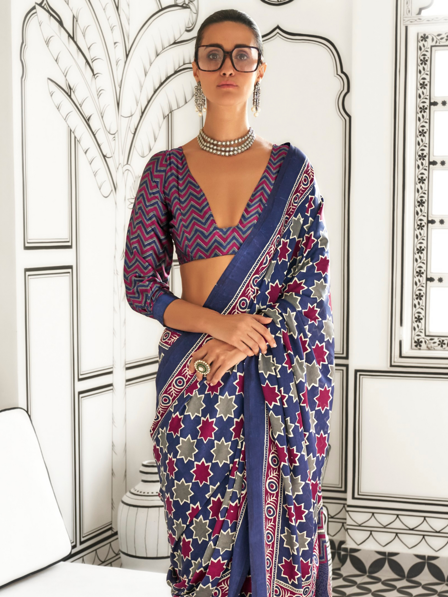 Blue & Pink Satin Crepe Ajrakh Print Saree