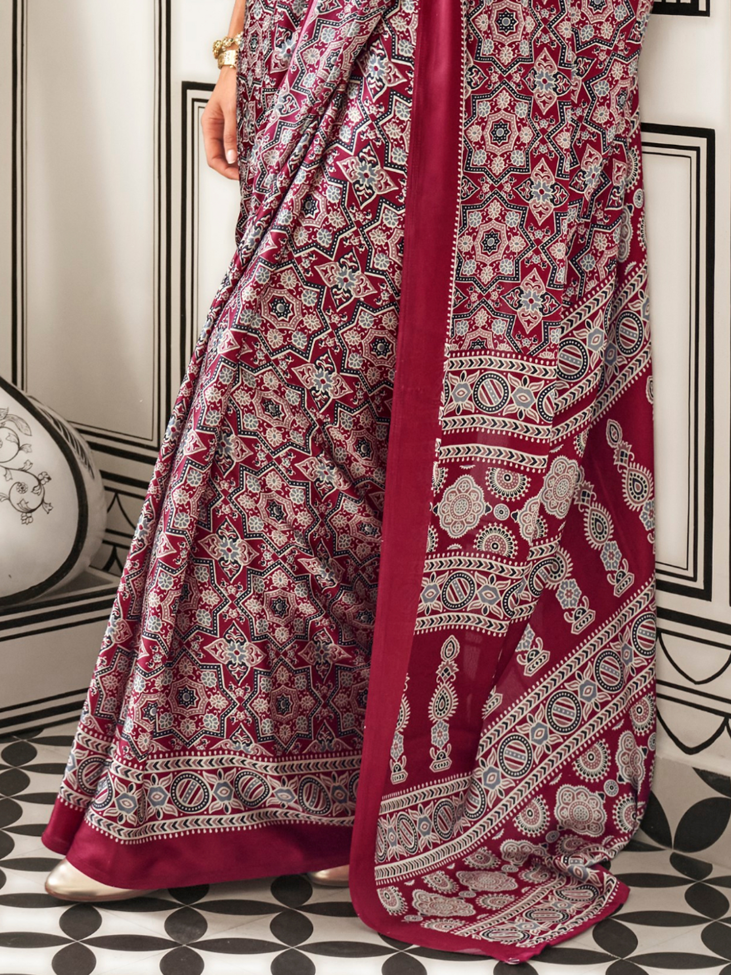 Magenta & White Satin Crepe Ajrakh Print Saree