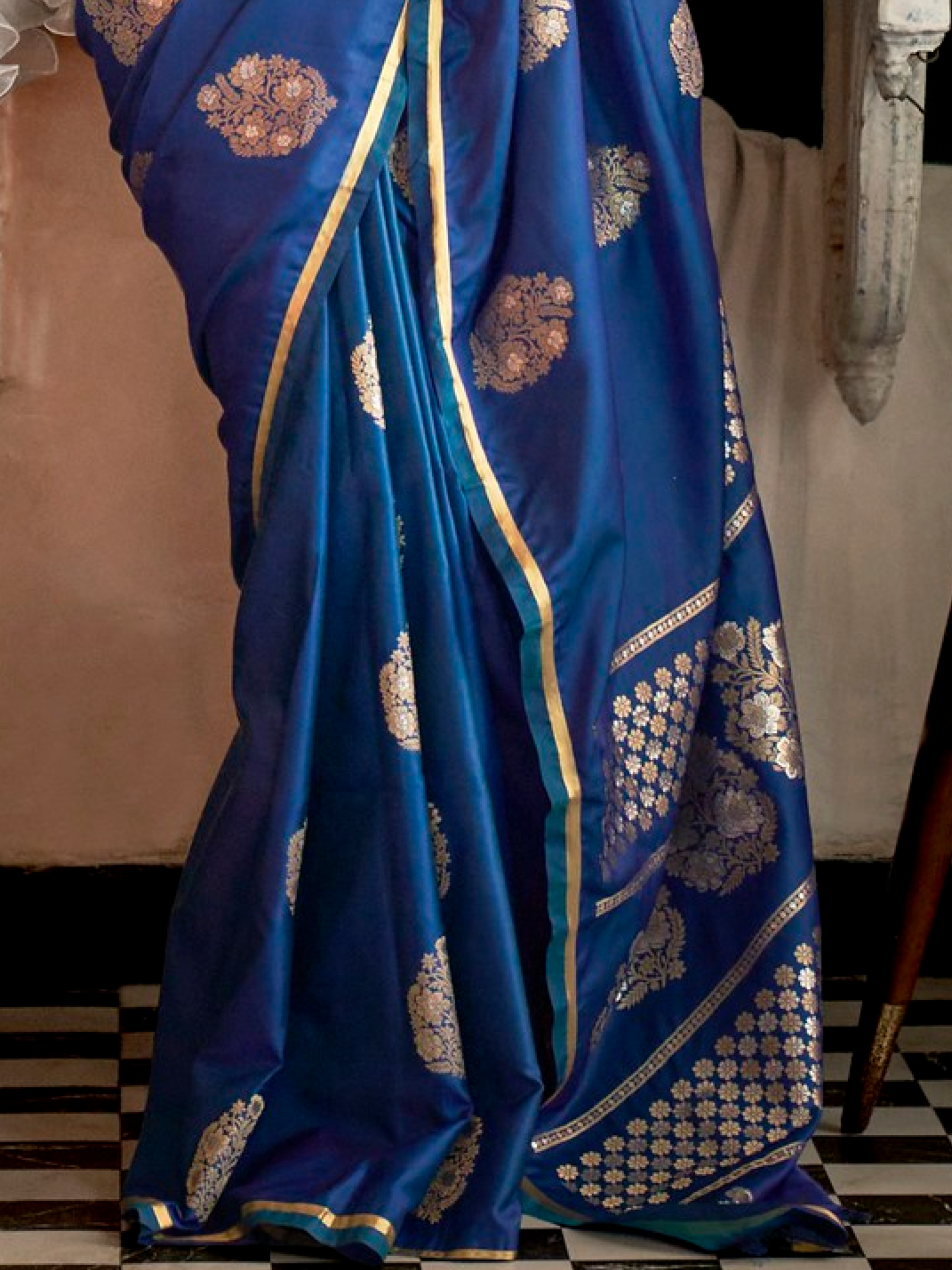 Cobalt Blue Woven Satin Silk Banarasi Saree