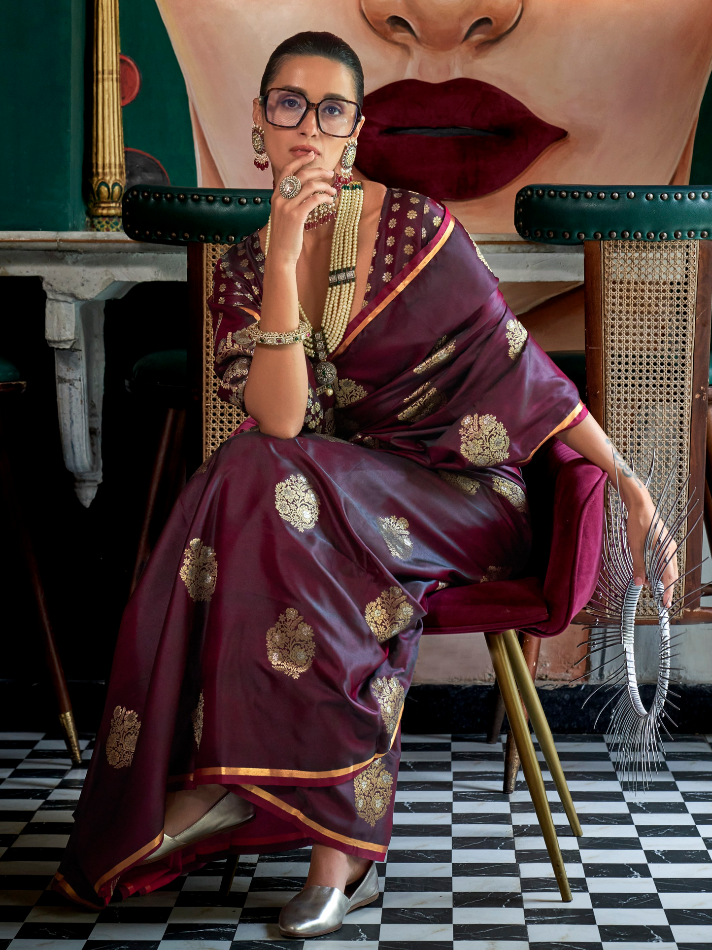 Stunning Wine Woven Satin Silk Banarasi Saree