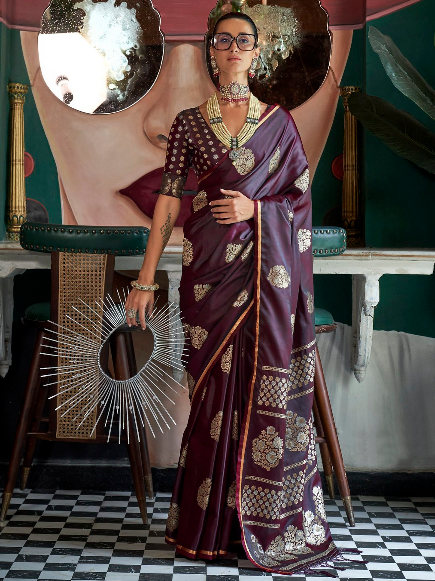 Stunning Wine Woven Satin Silk Banarasi Saree