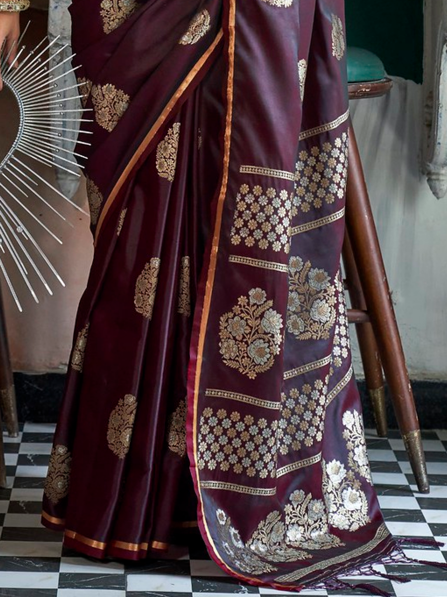 Stunning Wine Woven Satin Silk Banarasi Saree