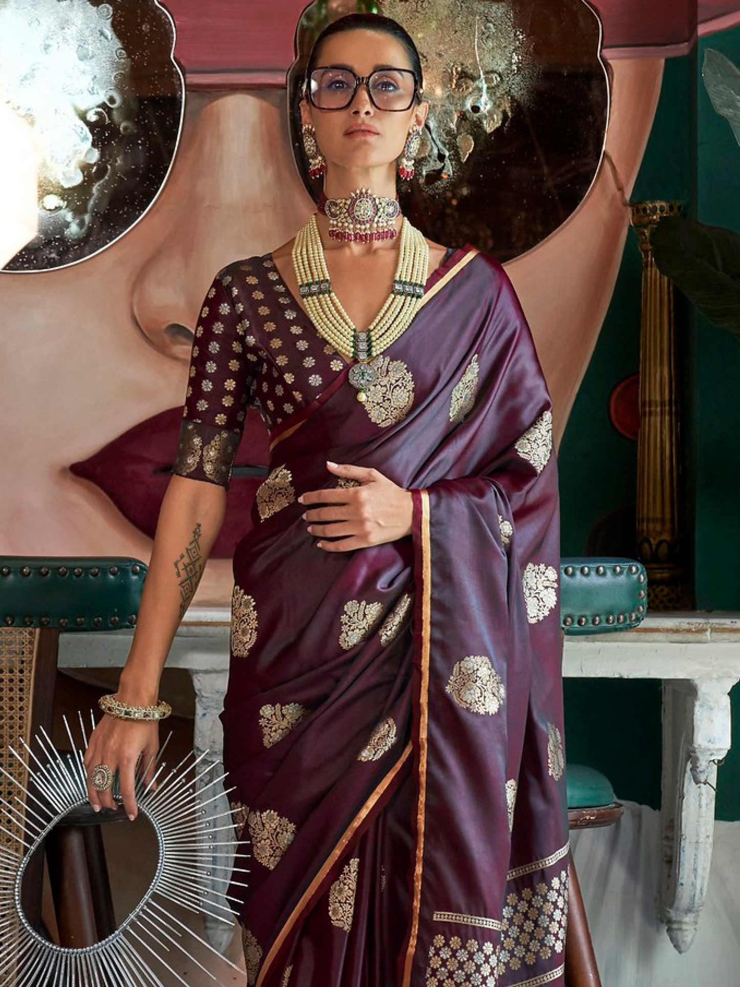 Stunning Wine Woven Satin Silk Banarasi Saree