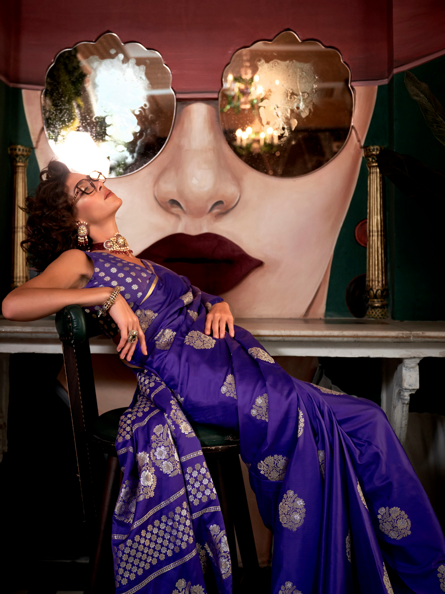 Purplish Blue Woven Satin Silk Banarasi Saree