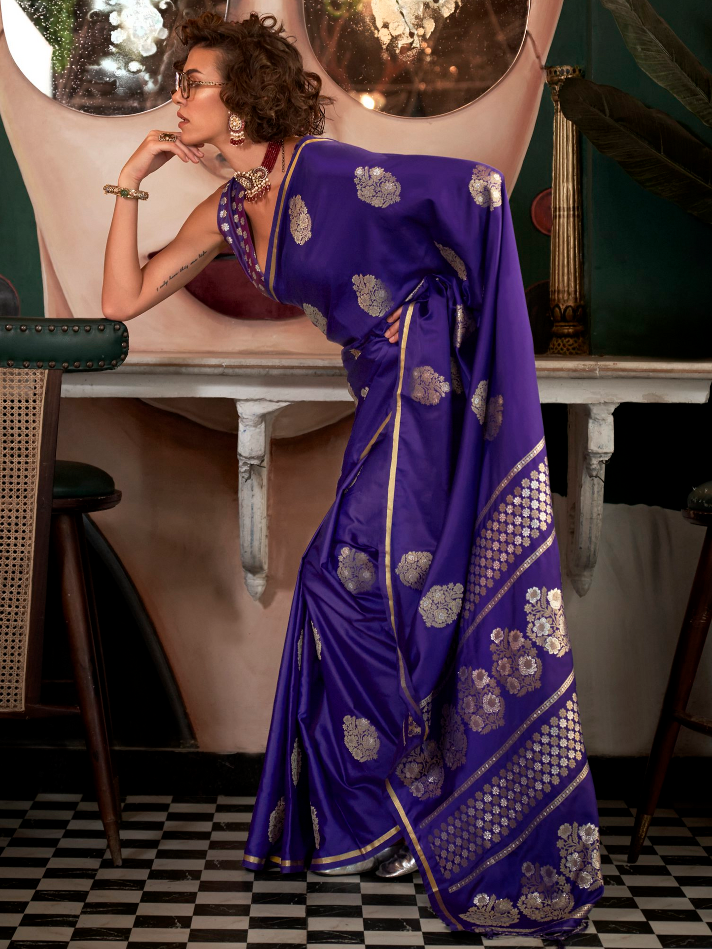 Purplish Blue Woven Satin Silk Banarasi Saree