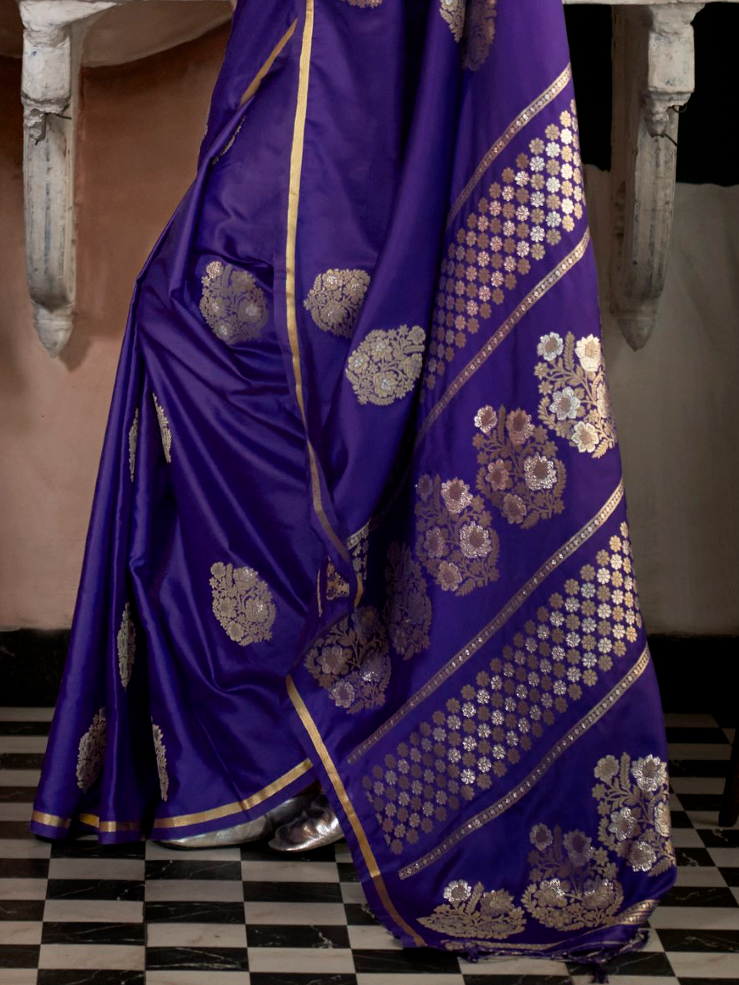 Purplish Blue Woven Satin Silk Banarasi Saree