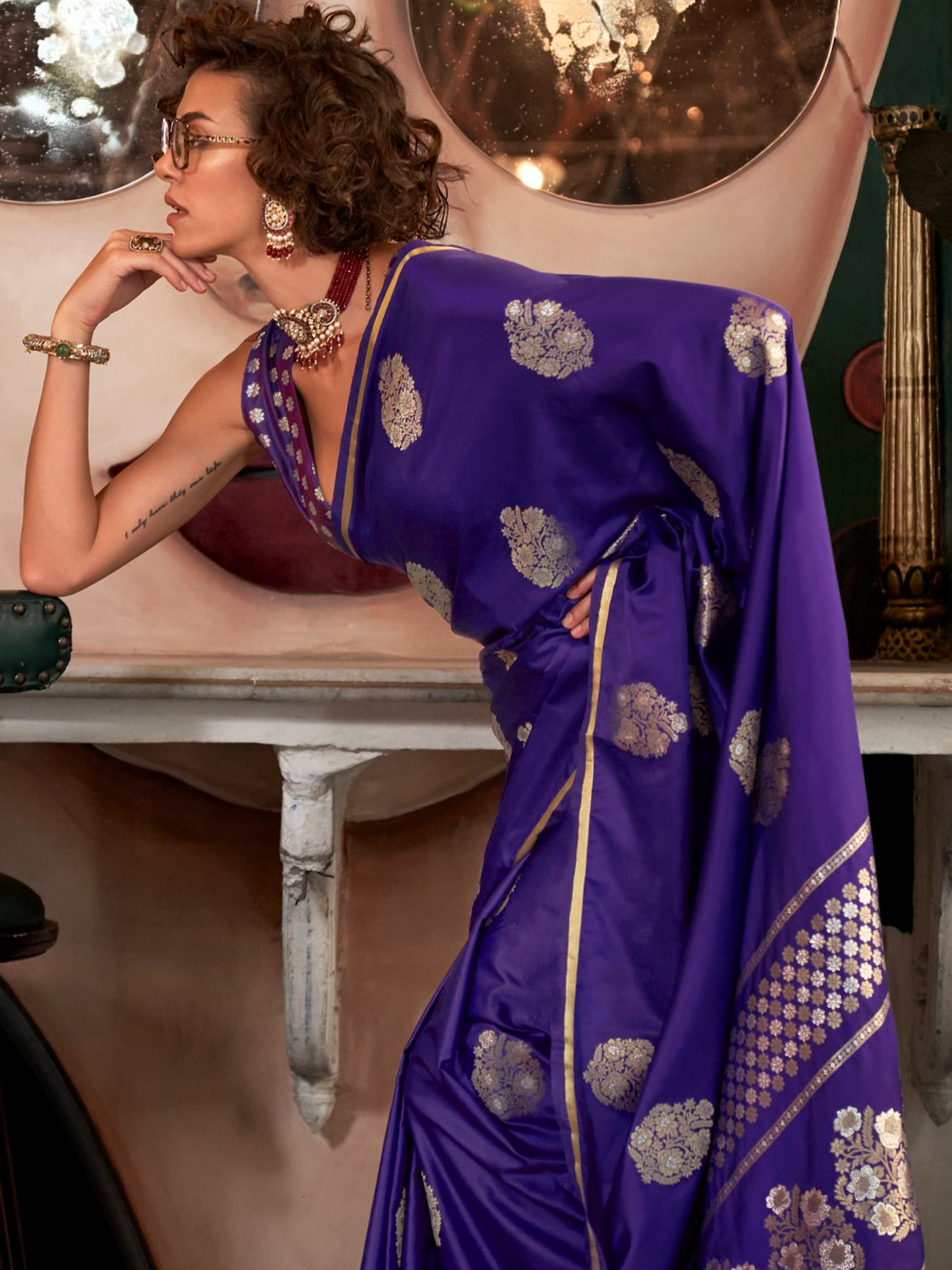 Purplish Blue Woven Satin Silk Banarasi Saree