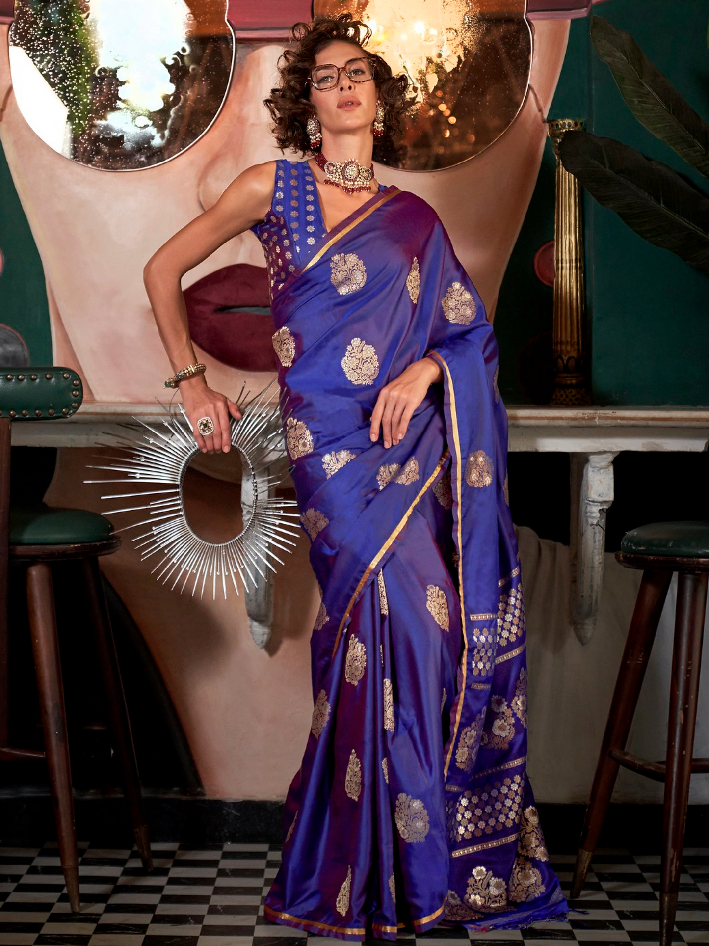 Magenta Purple Woven Satin Silk Banarasi Saree