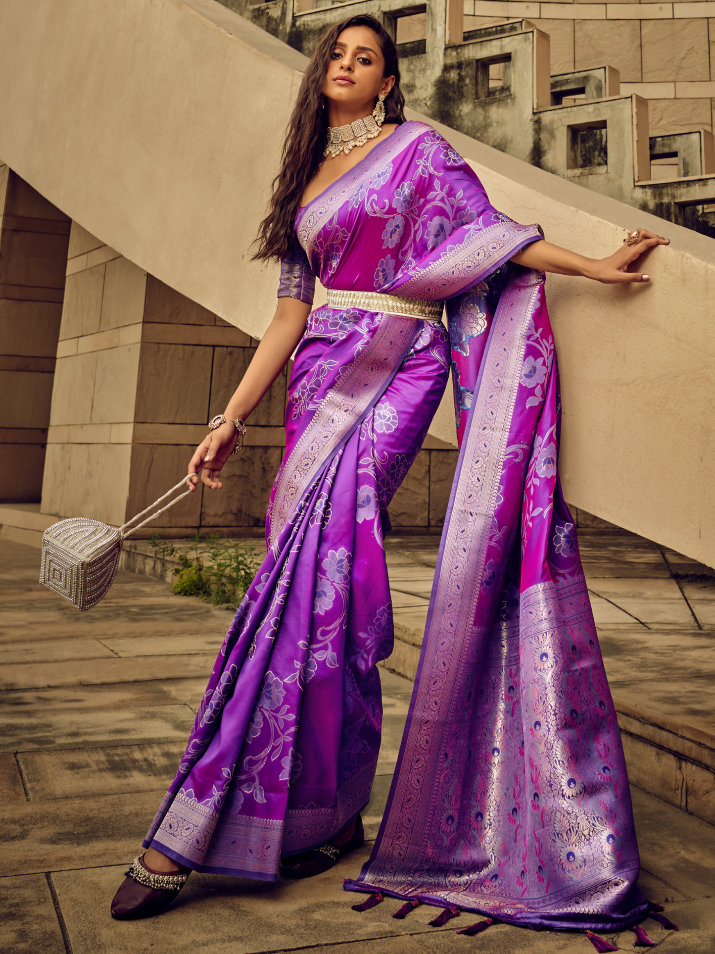 True Purple Woven Banarasi Satin Silk Saree