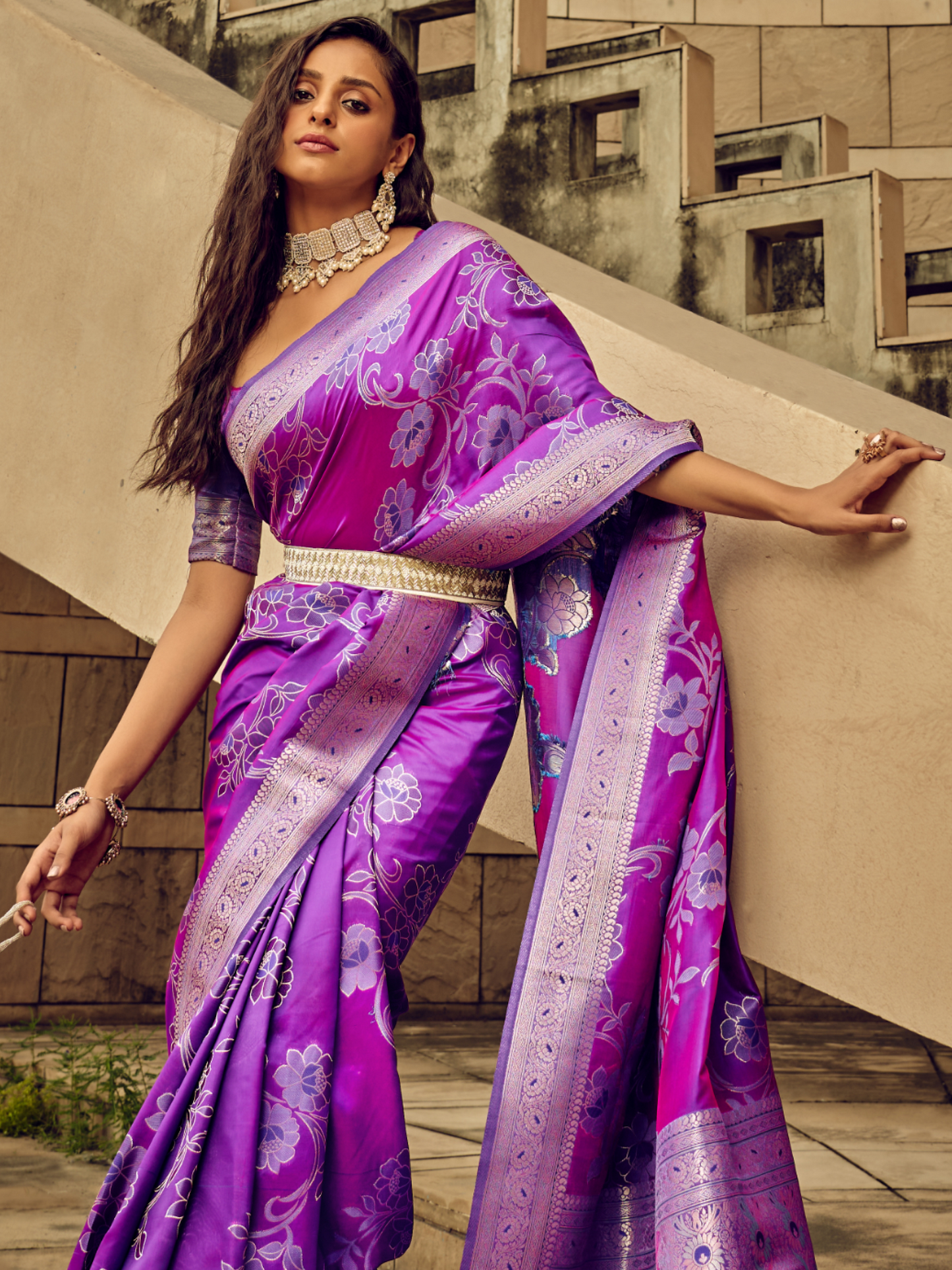 True Purple Woven Banarasi Satin Silk Saree