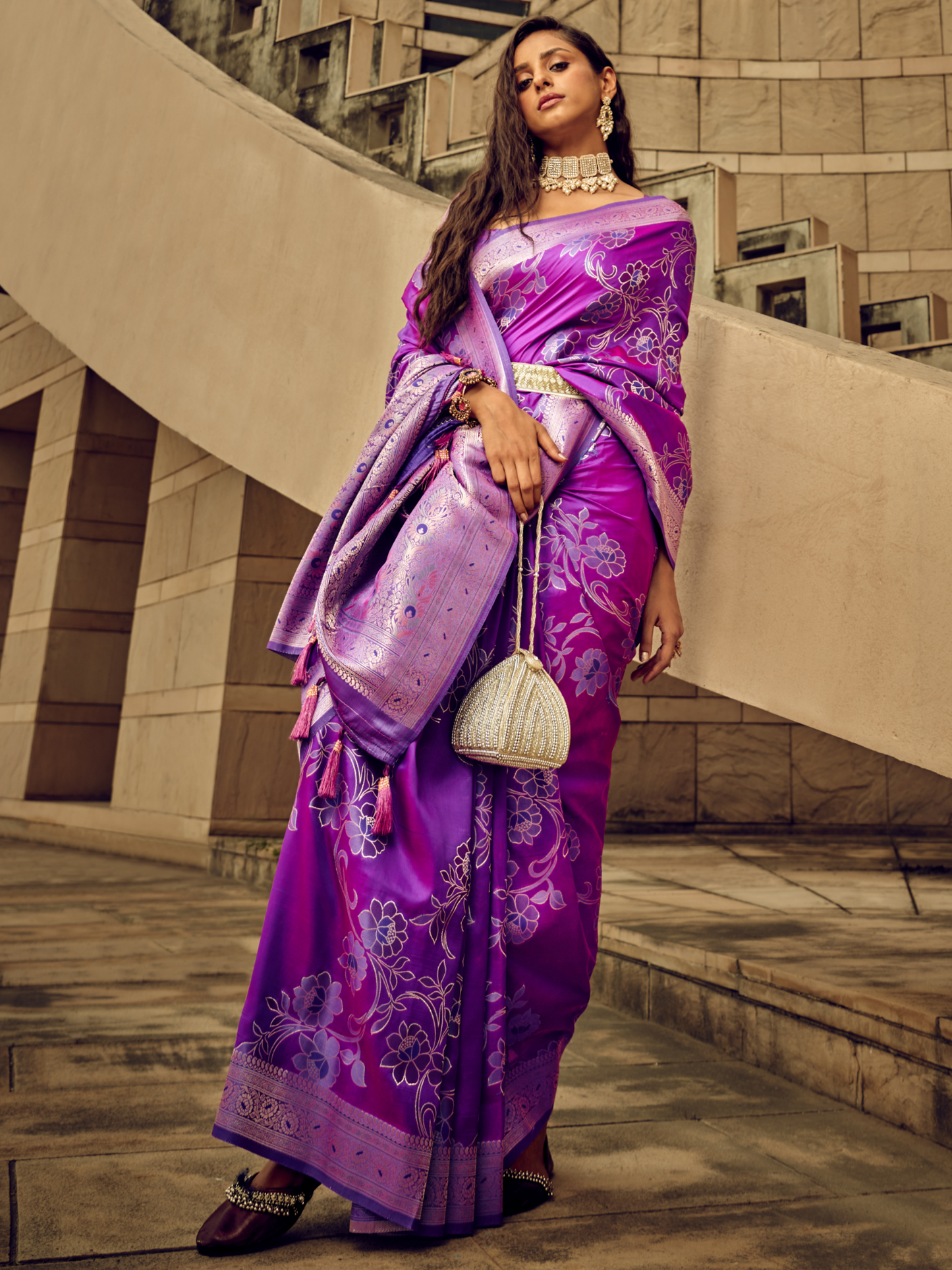 True Purple Woven Banarasi Satin Silk Saree