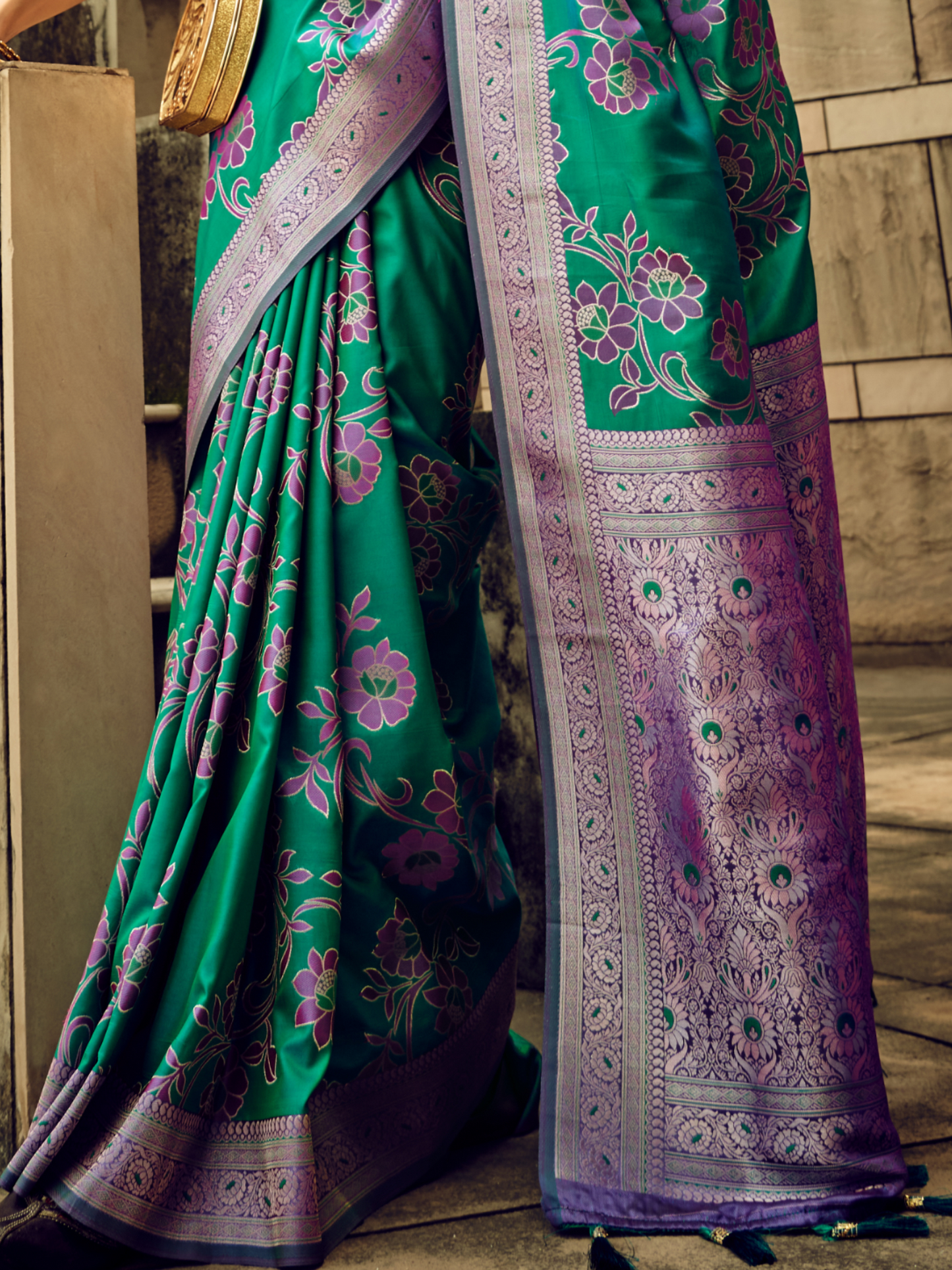 Tropical Green Woven Banarasi Satin Silk Saree