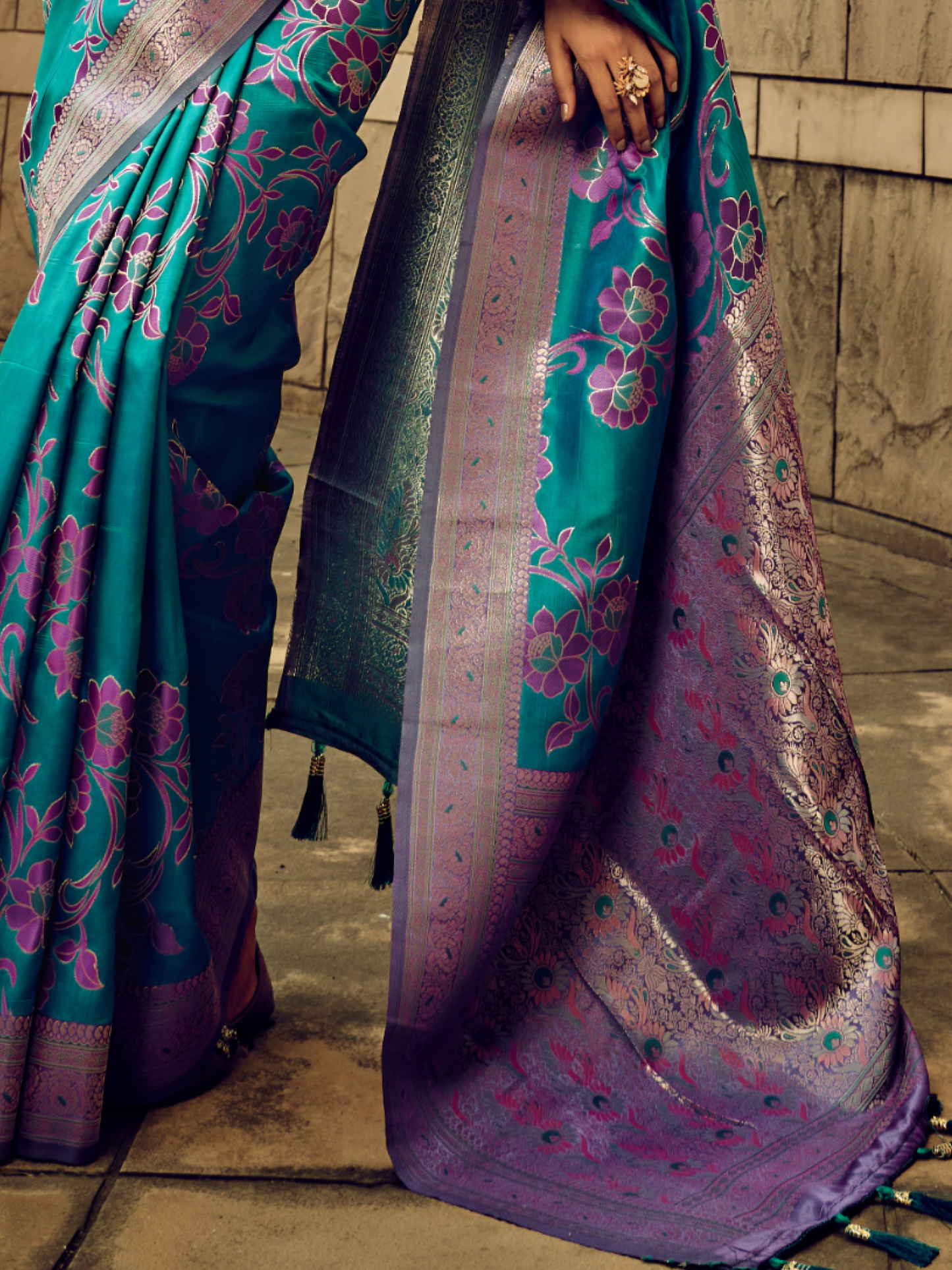 Teal Blue Woven Banarasi Satin Silk Saree