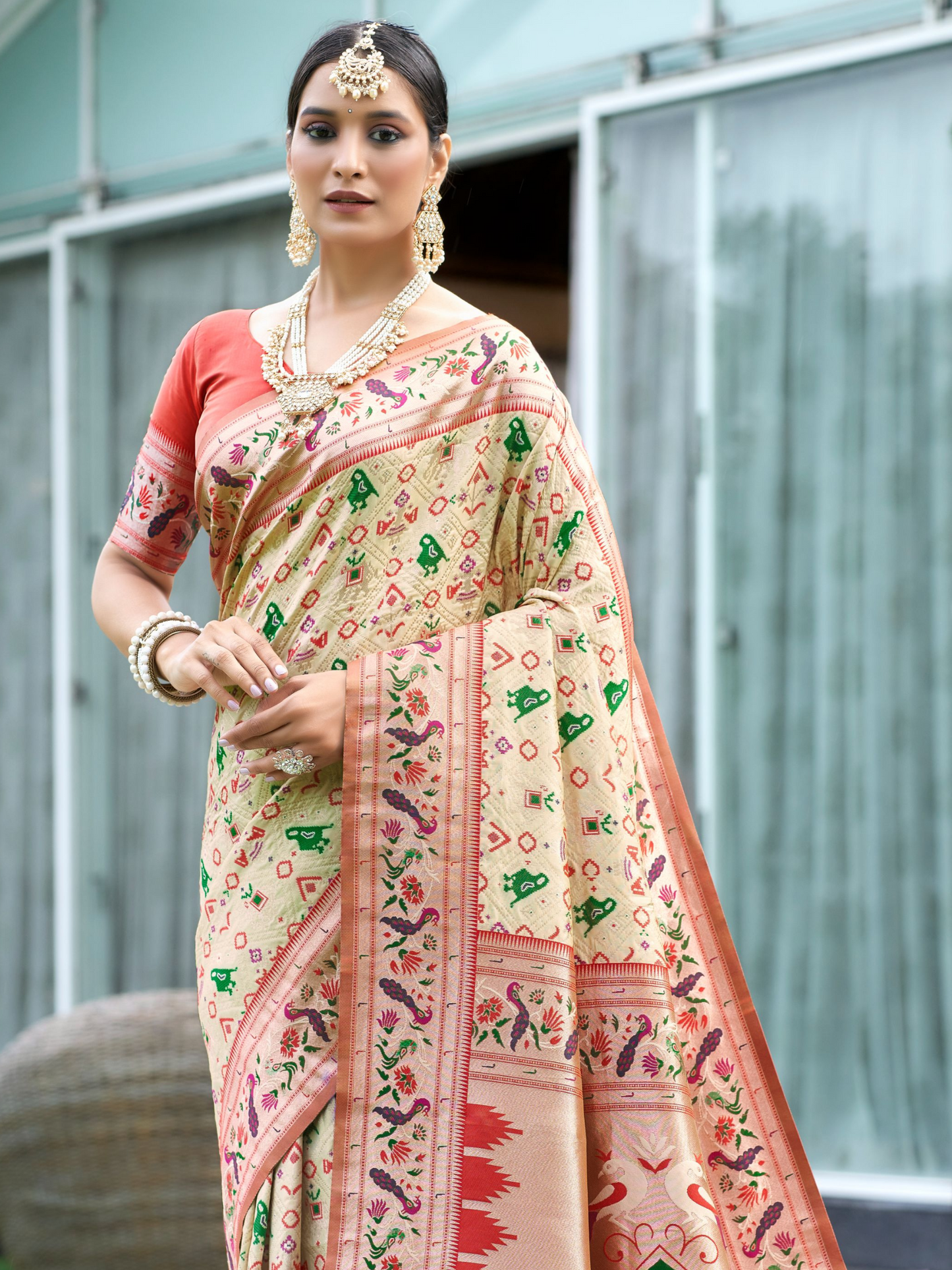 Pearl White Woven Patola Paithani Silk Saree