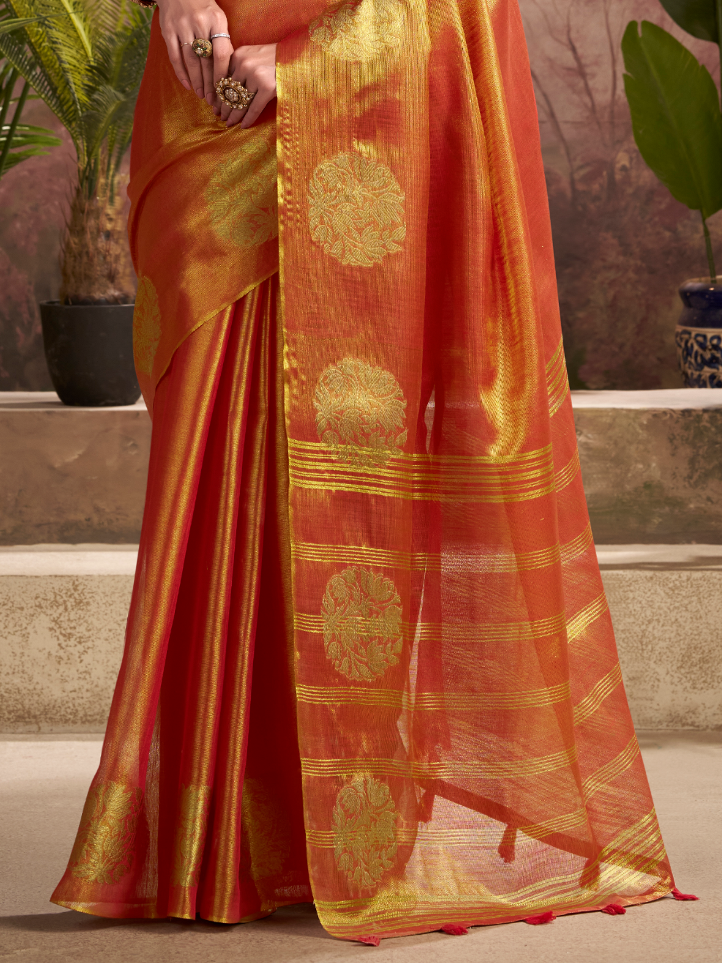 woven orange tissue silk saree