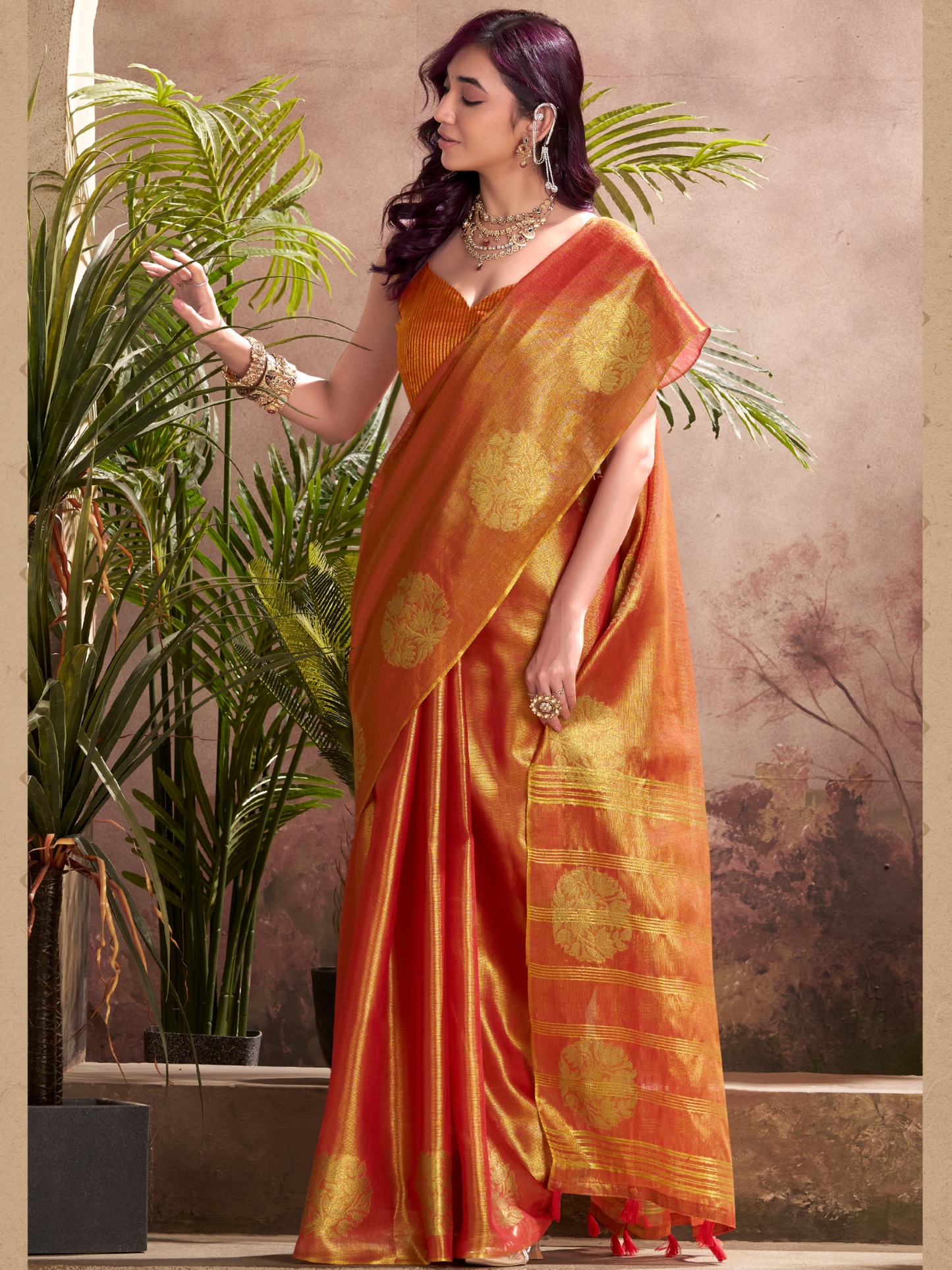 duel tone orange tissue silk saree