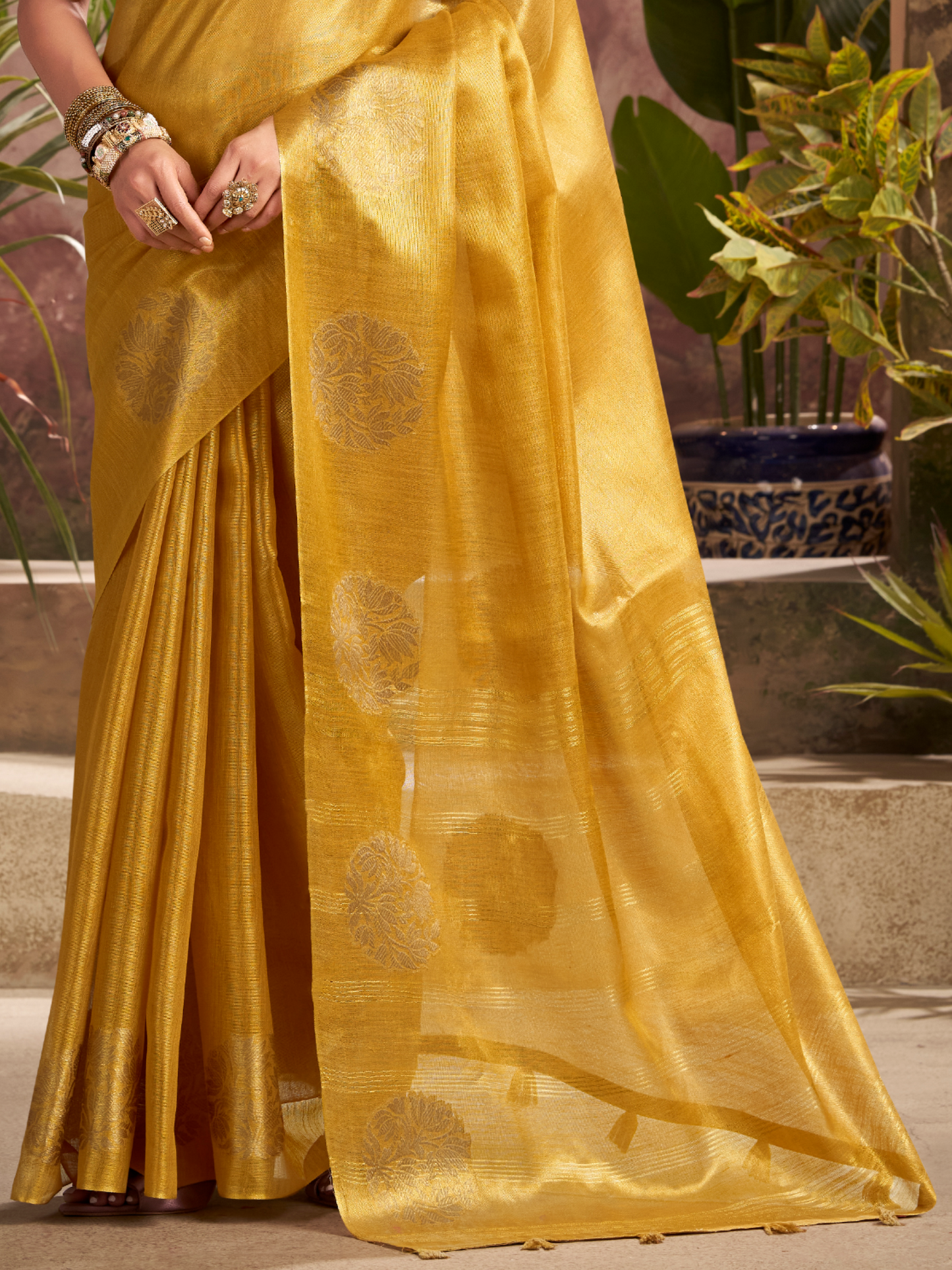 Golden Yellow Woven Tissue Silk Saree
