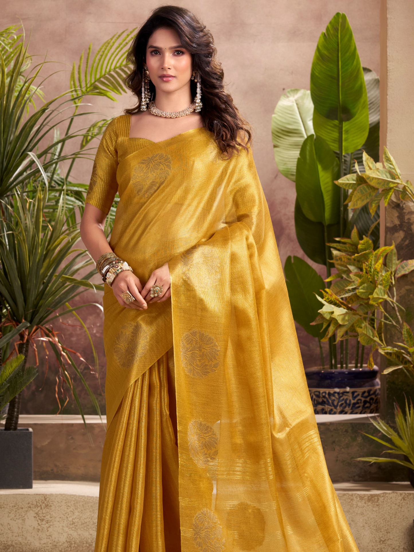 Golden Yellow Woven Tissue Silk Saree